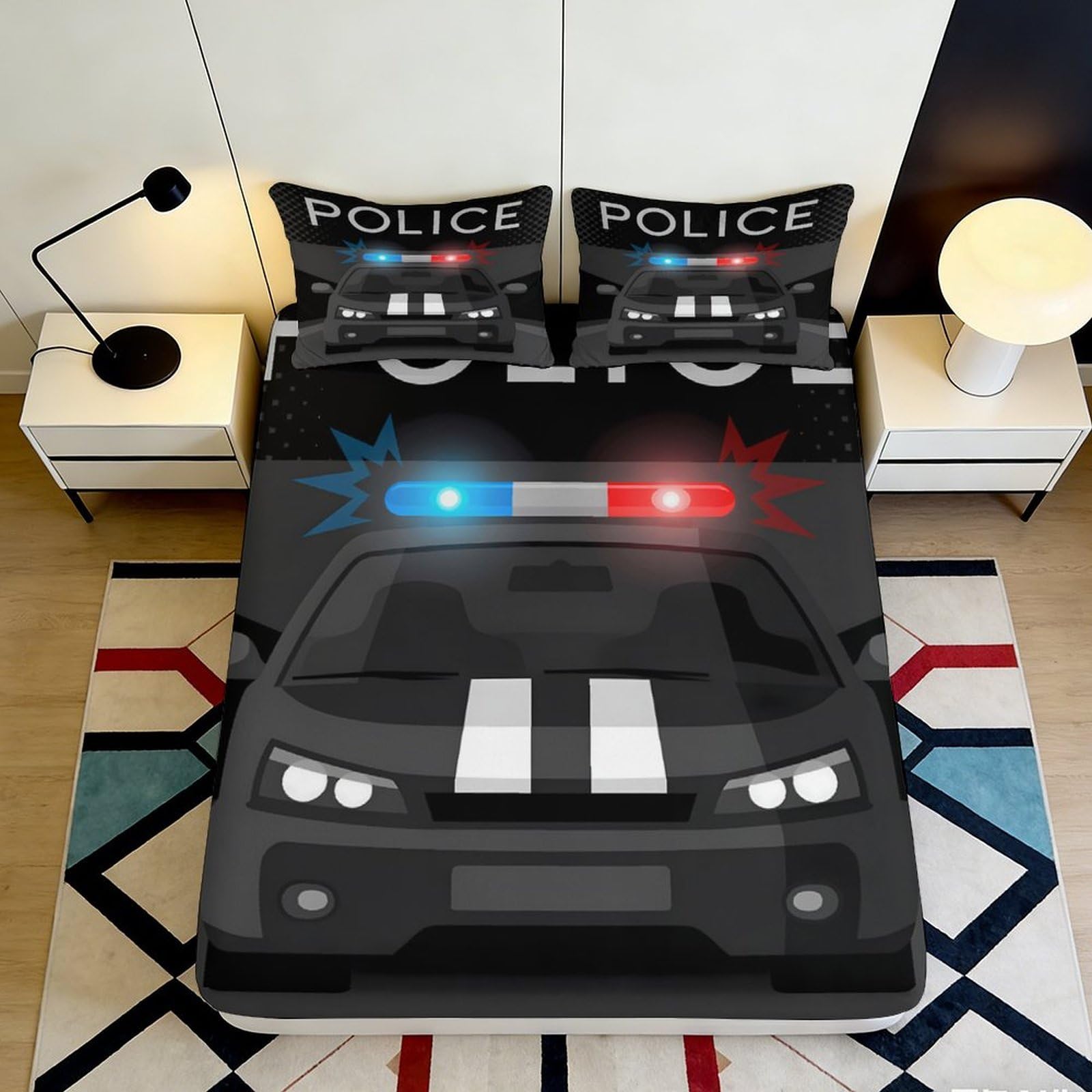 Uxinyoume Style-4 3D Printed Police Car Fitted Sheet Microfiber Soft Black Bedroom Decor Police Lights Mattress Cover For Home Dorm 90X200x25cm