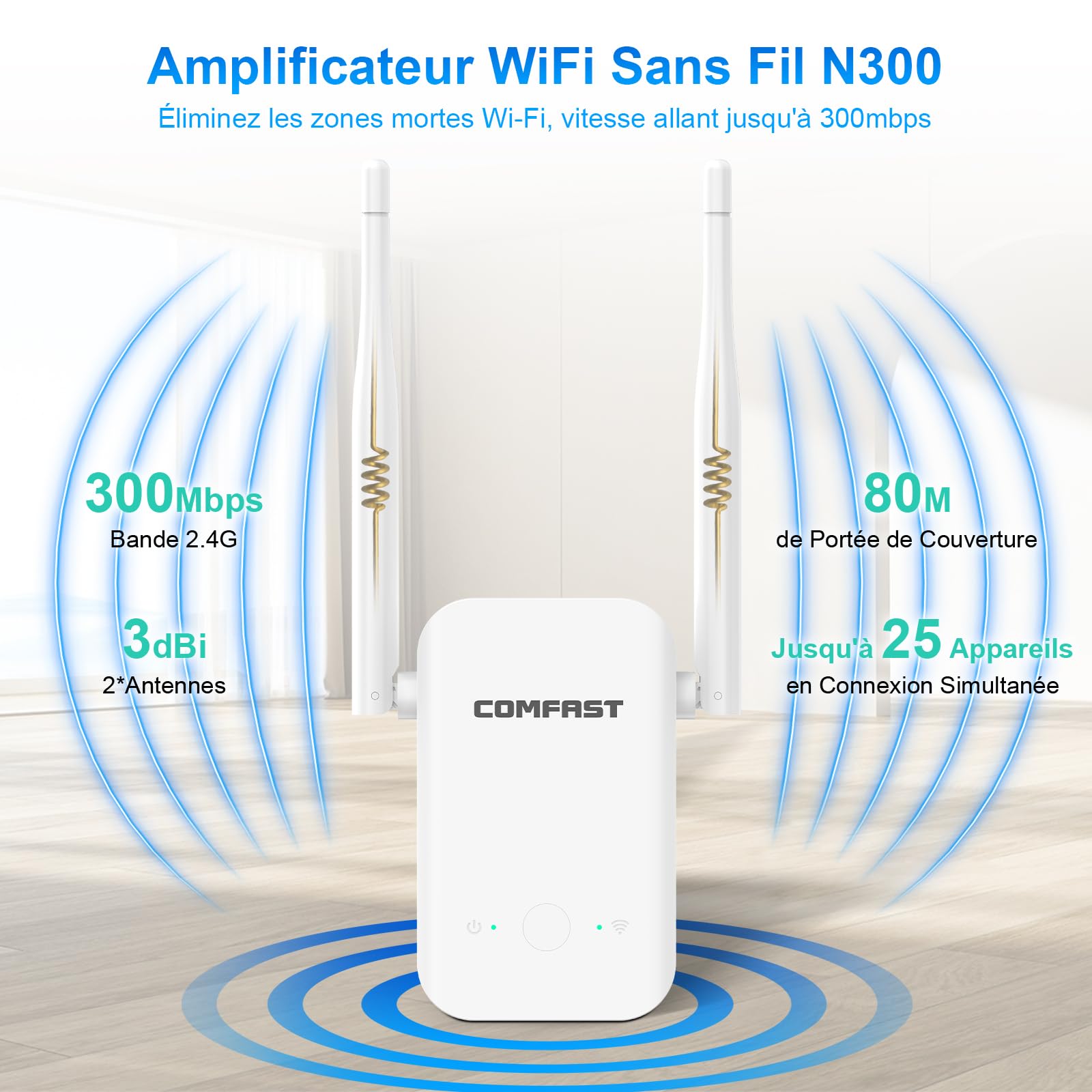 COMFAST - Repetidor WiFi potente, N300 Mbps Amplificador WiFi 2.4GHz | Repetidor WiFi Potente inalámbrico con antenas, WPS, Extender WiFi Compatible con todas las cajas de Internet