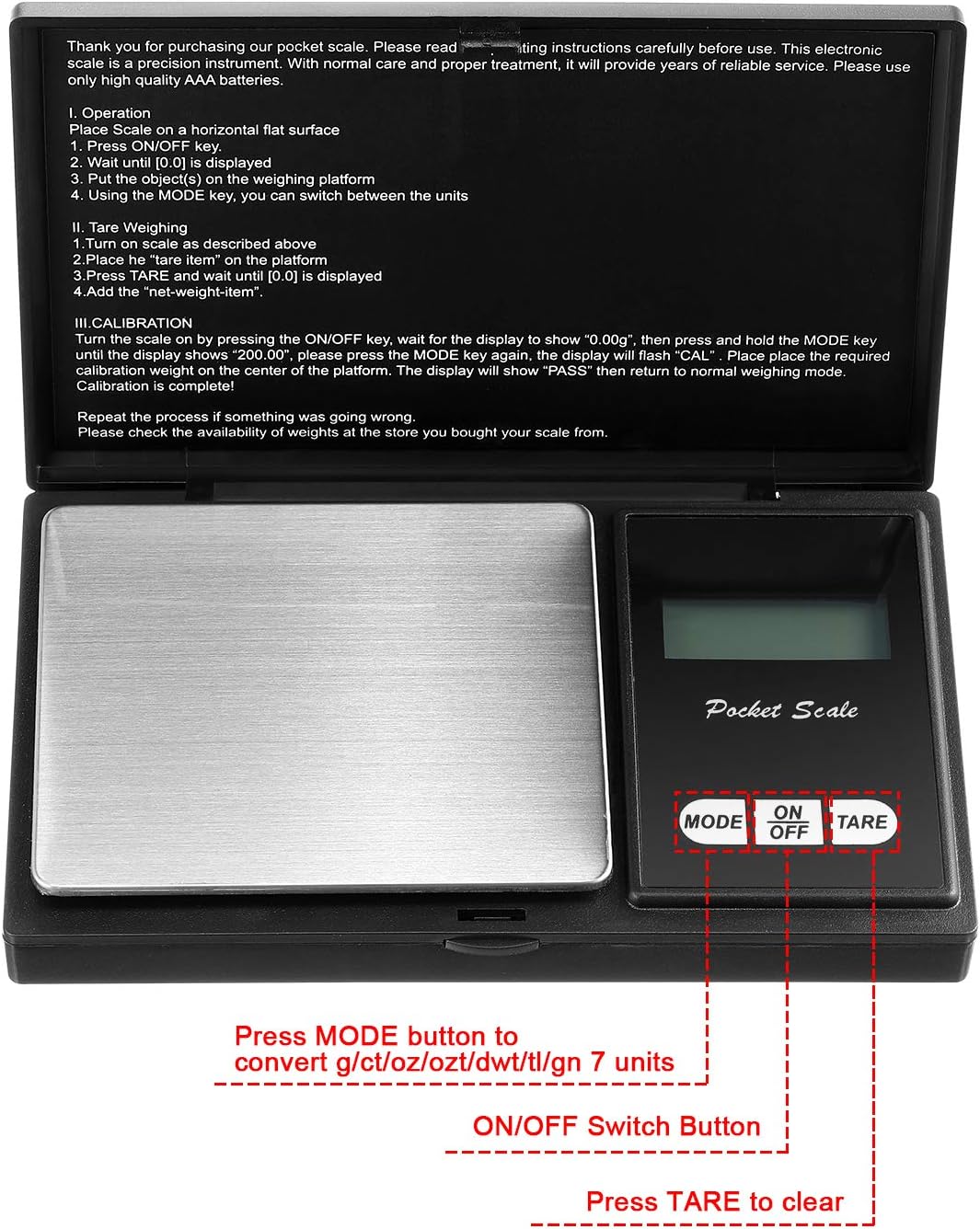 Digital Pocket Scale Set,100 g 0.01 g Mini Scale Electronic Grams Scale with 1 g, 2 g, 5 g, 10 g, 20 g, 100 g Calibration Weight and Calibration Weight Tweezer for Food Jewelry, Totally 8 Pieces