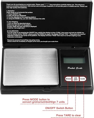 Miniatura 4 de Juego de básculas digitales de bolsillo, 3.53 oz 0.00 oz, báscula electrónica de gramos con 0.04 oz, 0.07 oz, 0.18 oz, 0.35 oz, 0.71 oz, 3.53 oz