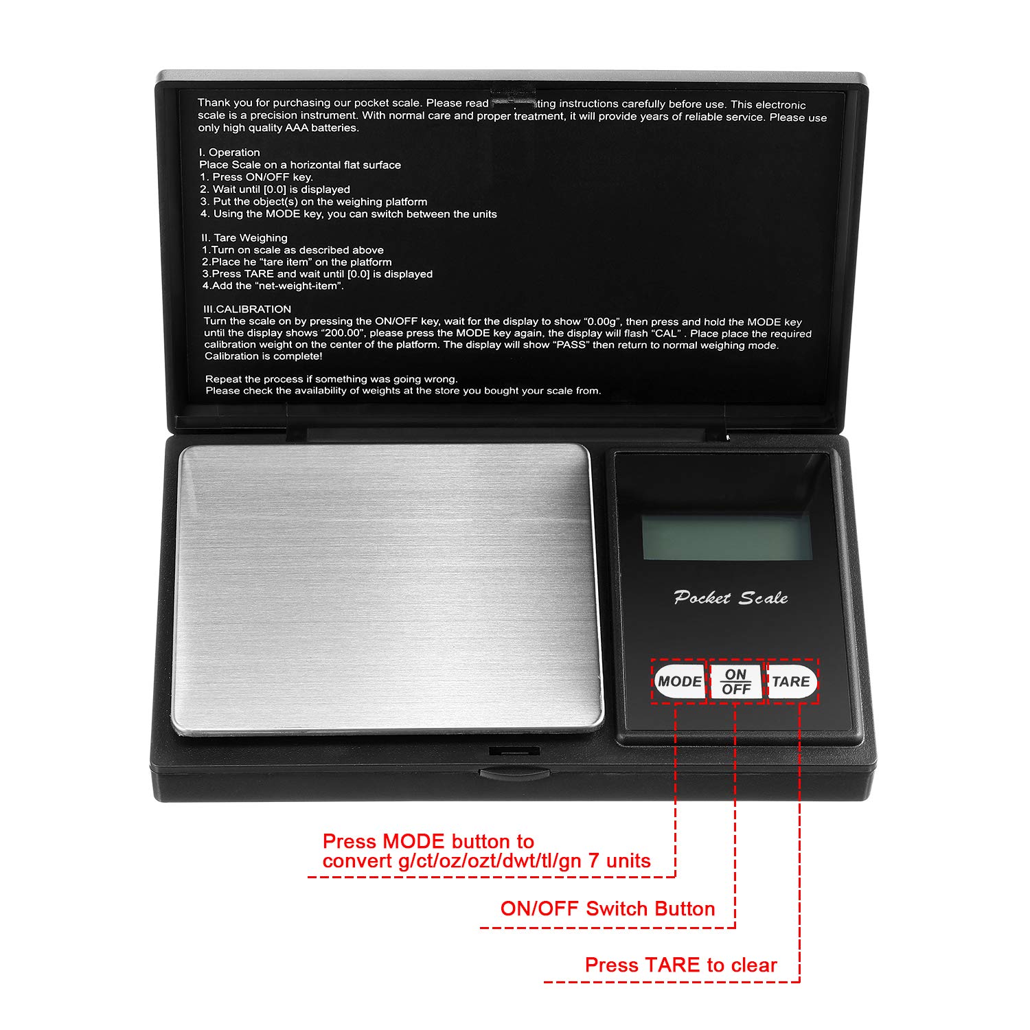 Digital Pocket Scale Set,100 g 0.01 g Mini Scale Electronic Grams Scale with 1 g, 2 g, 5 g, 10 g, 20 g, 100 g Calibration Weight and Calibration Weight Tweezer for Food Jewelry, Totally 8 Pieces