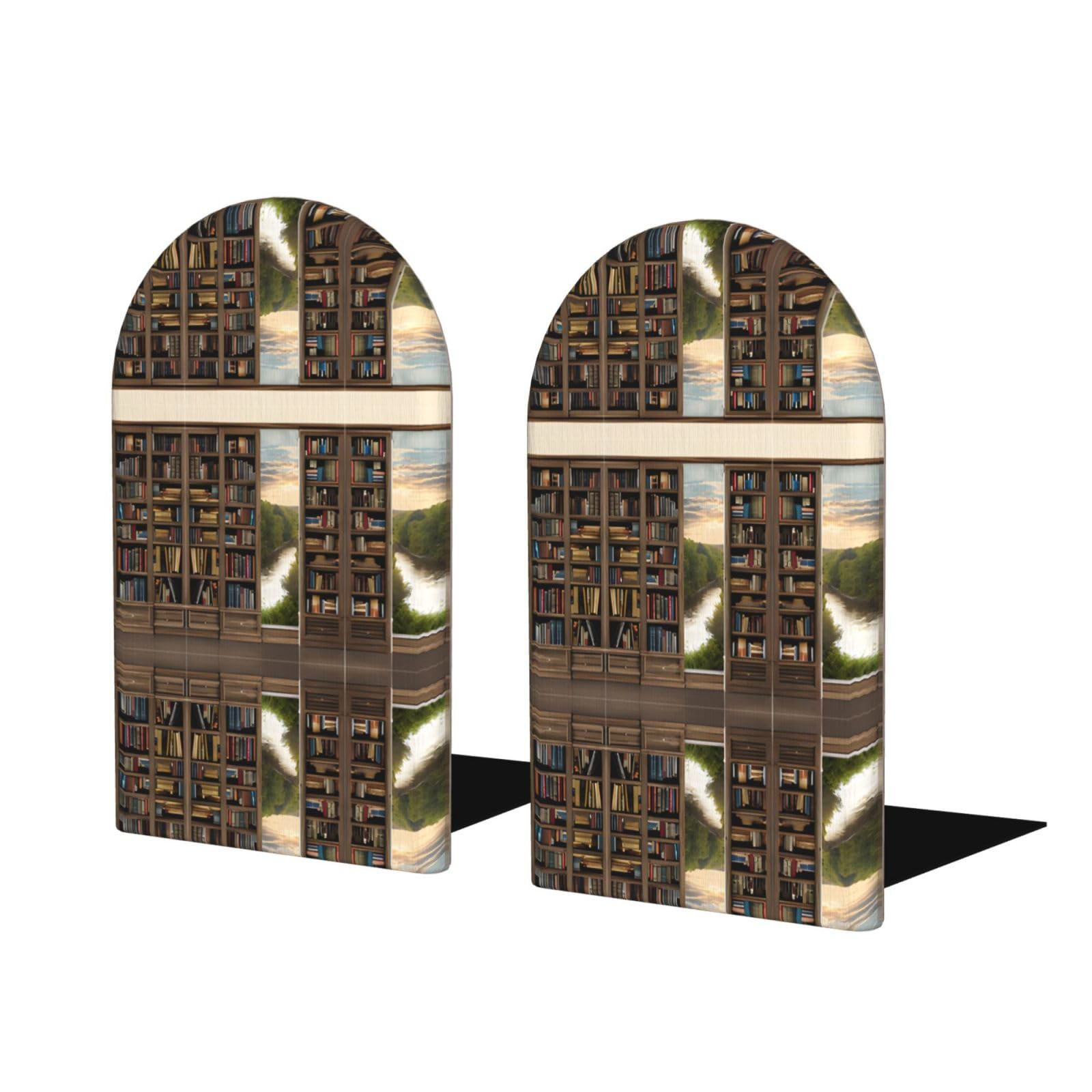 Library Bookshelf Book Print Stylish Bookends with Full-Print Design Durable Wooden and Metal Bookend Set for Home, Office