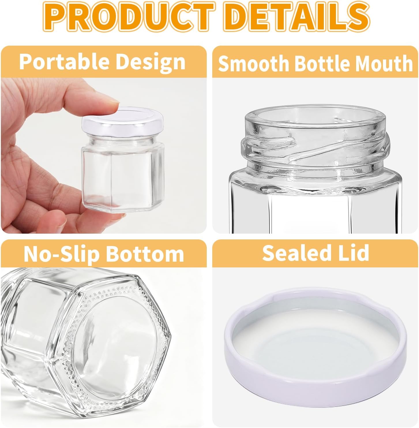 10Pack 1.5 oz Mini Clear Honey Jars for Wedding Favor, Baby Shower, 45ml Small Glass Favor with Airtight Lids, Gift Jars, Sample Body Butter, Jam, Spices, Herbs, Candy, Candle (White lid) image 3