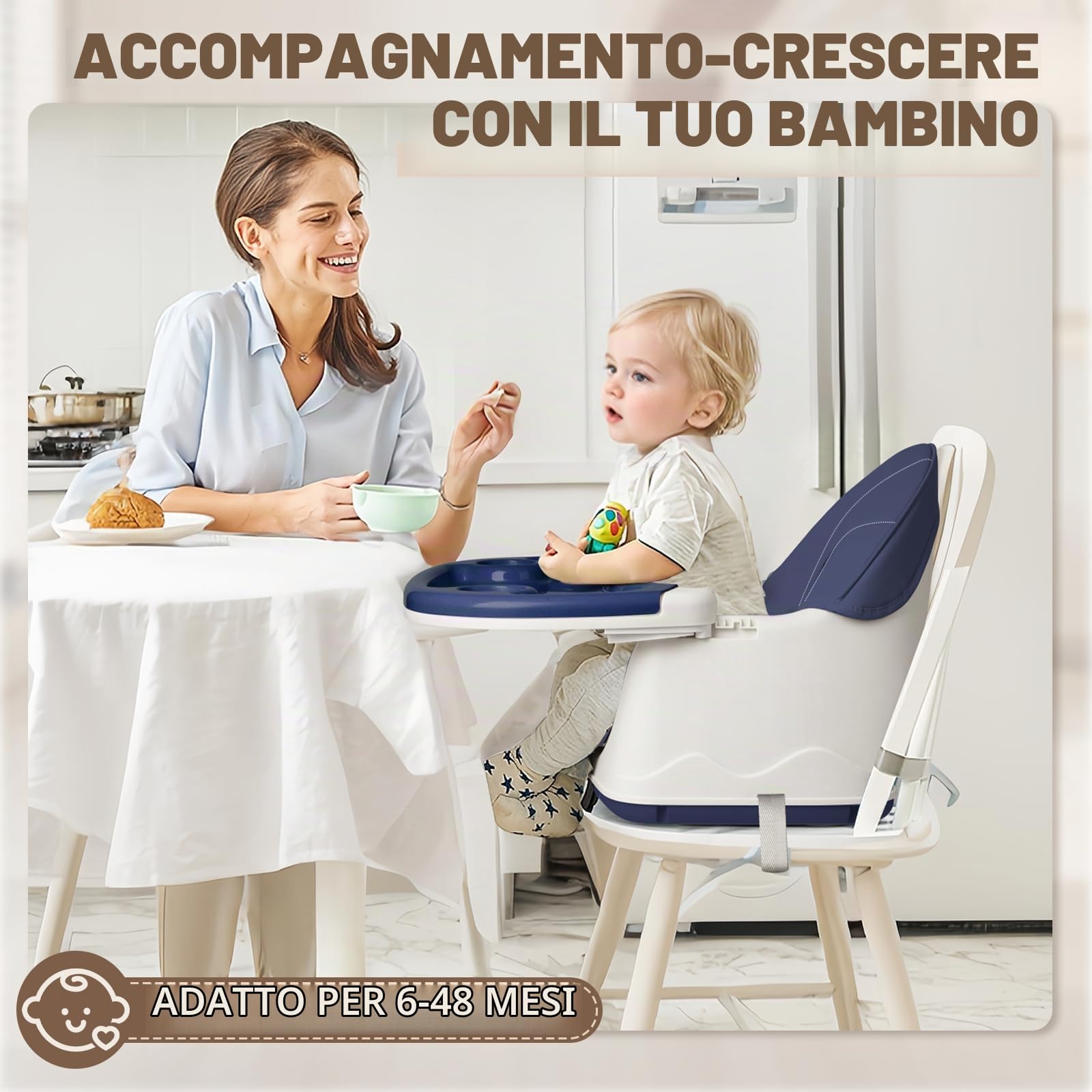 Seggiolone pieghevole 4in1, Reclinabile e regolabile in altezza, con vassoio estraibile e rotelle, Seggiolone regolabile con cintura a 5 punti, Blu