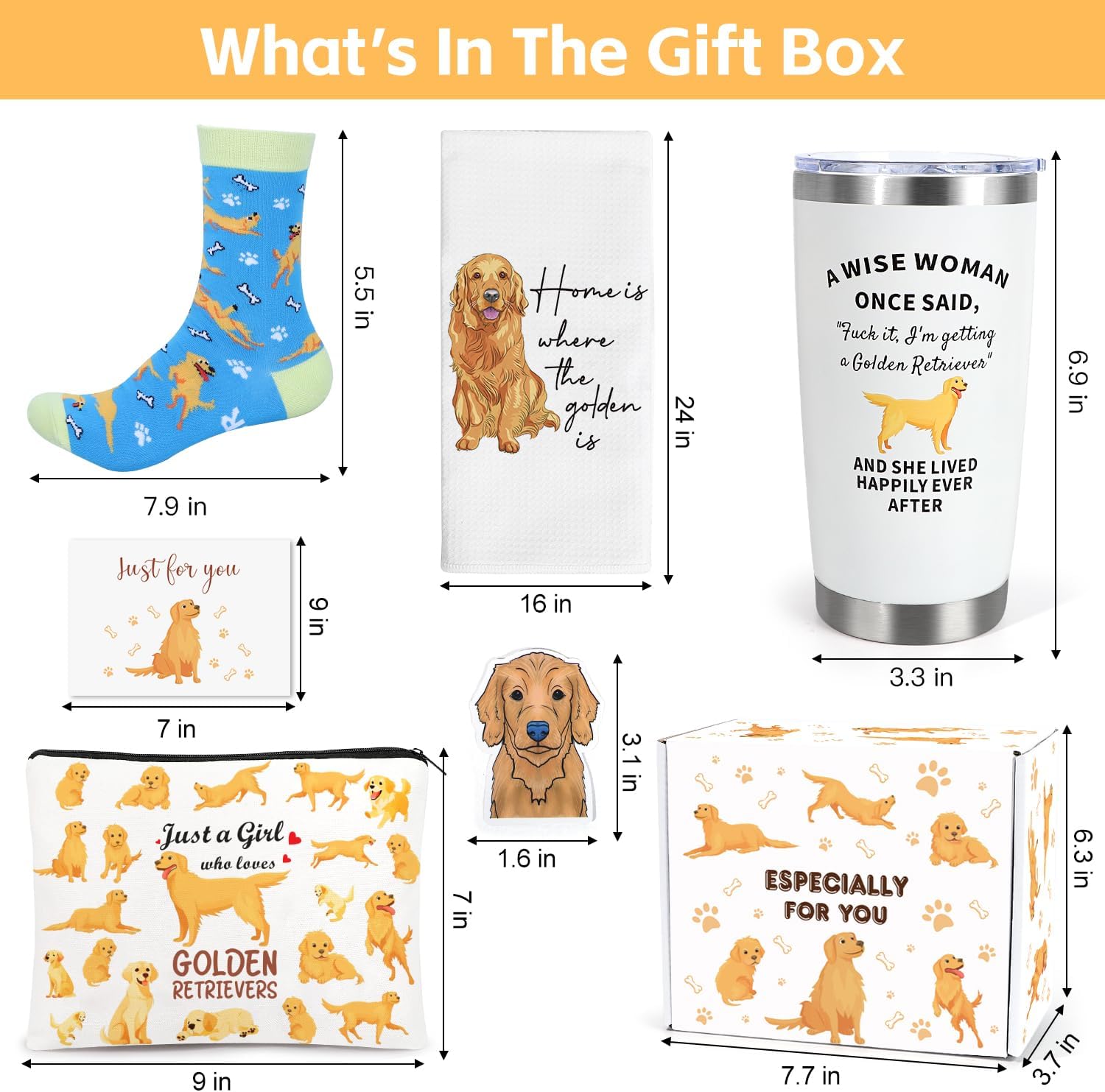 UAREHIBY Golden Retriever Gifts, Christmas Birthday Gift Box for Women, Golden Retriever Decor with 20 OZ Wine Tumbler, Dish Towels, Socks, Make up Bag for Dog Lovers, Gifts for Dog Mom - Image 6