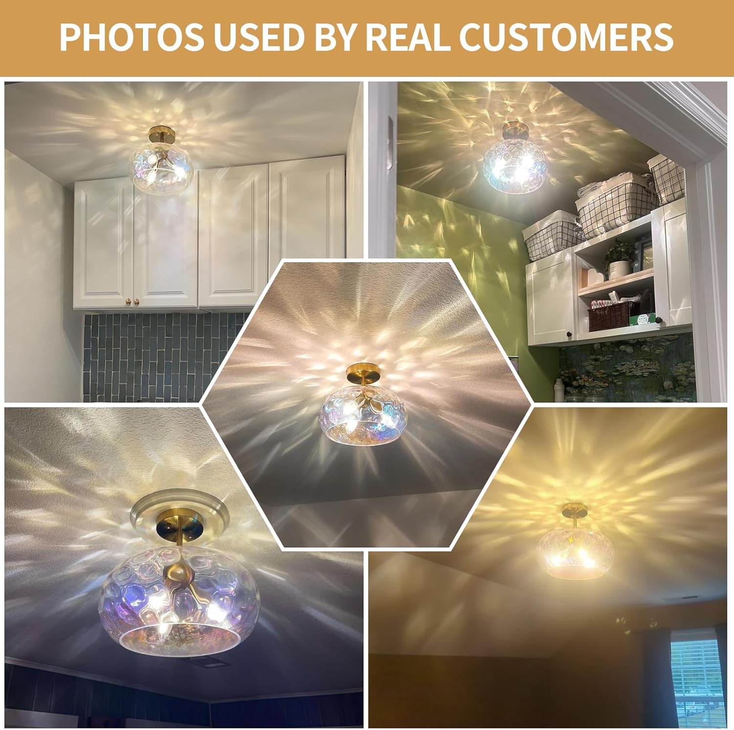 Vintage Glass Flush Mount Ceiling Light - 12 Inch Rainbow Hammered Glass Hallway Light fixtures Ceiling, Gold Semi Flush Mount Ceiling Light,Mid Century Light Fixture for Bedroom Entryway Kitchen