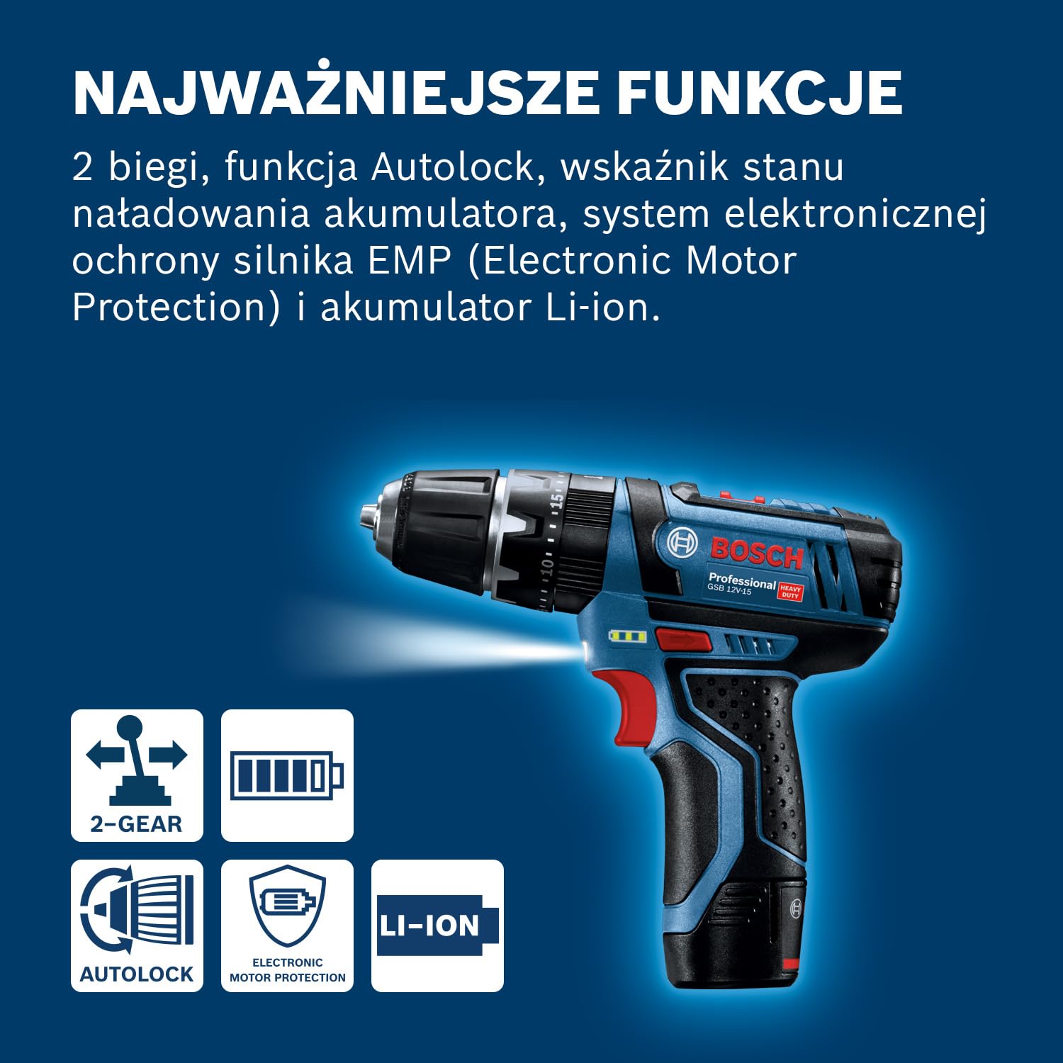 Akumulatorowa wiertarko-wkrętarka udarowa GSB 12 V-15 | 2 x akumulator 2,0 Ah w torbie i akcesoriach