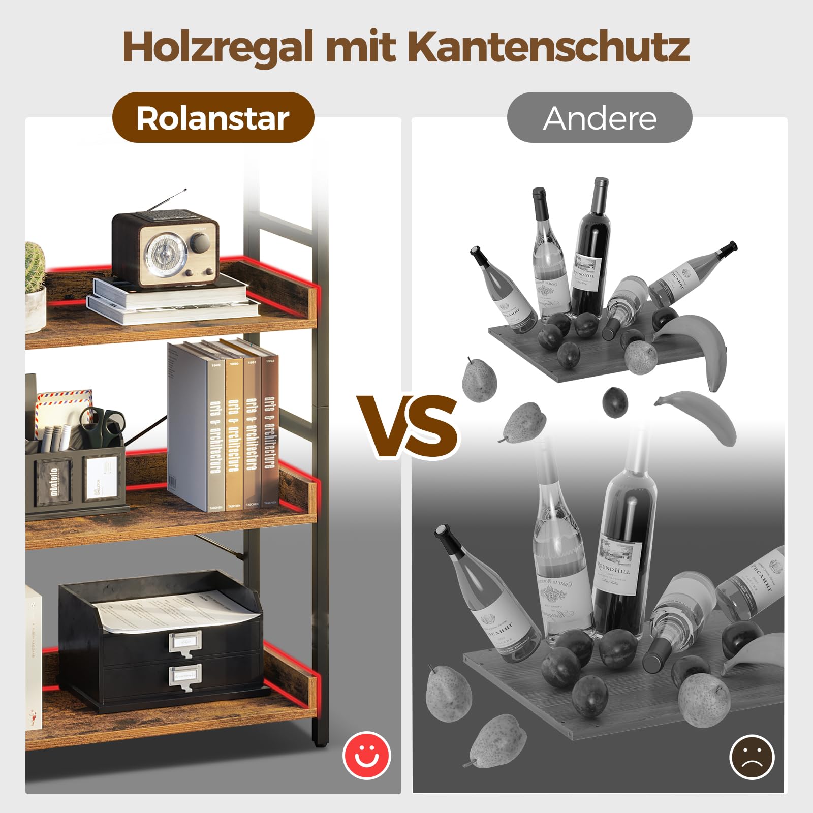 Rolanstar Regal, Bücherregal, Standregal, mit 5 Ebenen & 4 Haken, Holzregal mit Kantenschutz & offenes Regal, Standregal im Industriestil für Wohnzimmer, Schlafzimmer, Büro, 30 x 60 x 144cm