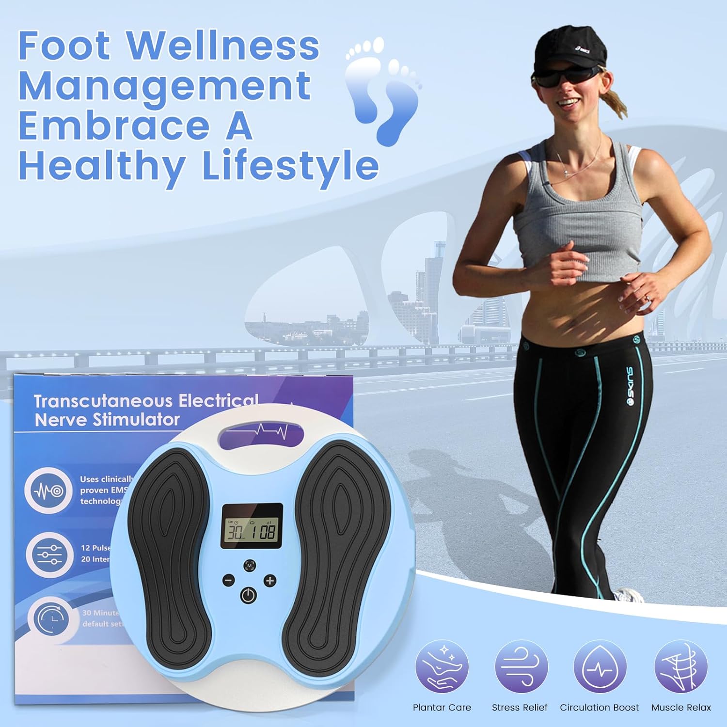 FSA EMS Foot Massager-Nerve Muscle Circulation Stimulator for Neuropathy,NMES Electric Feet Massager for Plantar Fasciitis & Foot Pain - 10 Modes, 20 Intensities,with 4 TENS Muscle Stimulator Pads