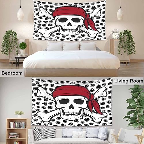 Miniatura 4 de Pznen Tapices de calavera pirata, tamaño grande, 80 x 60 pulgadas, bufanda roja con huesos grunge, tapiz de puntos negros grandes para dormitorio,