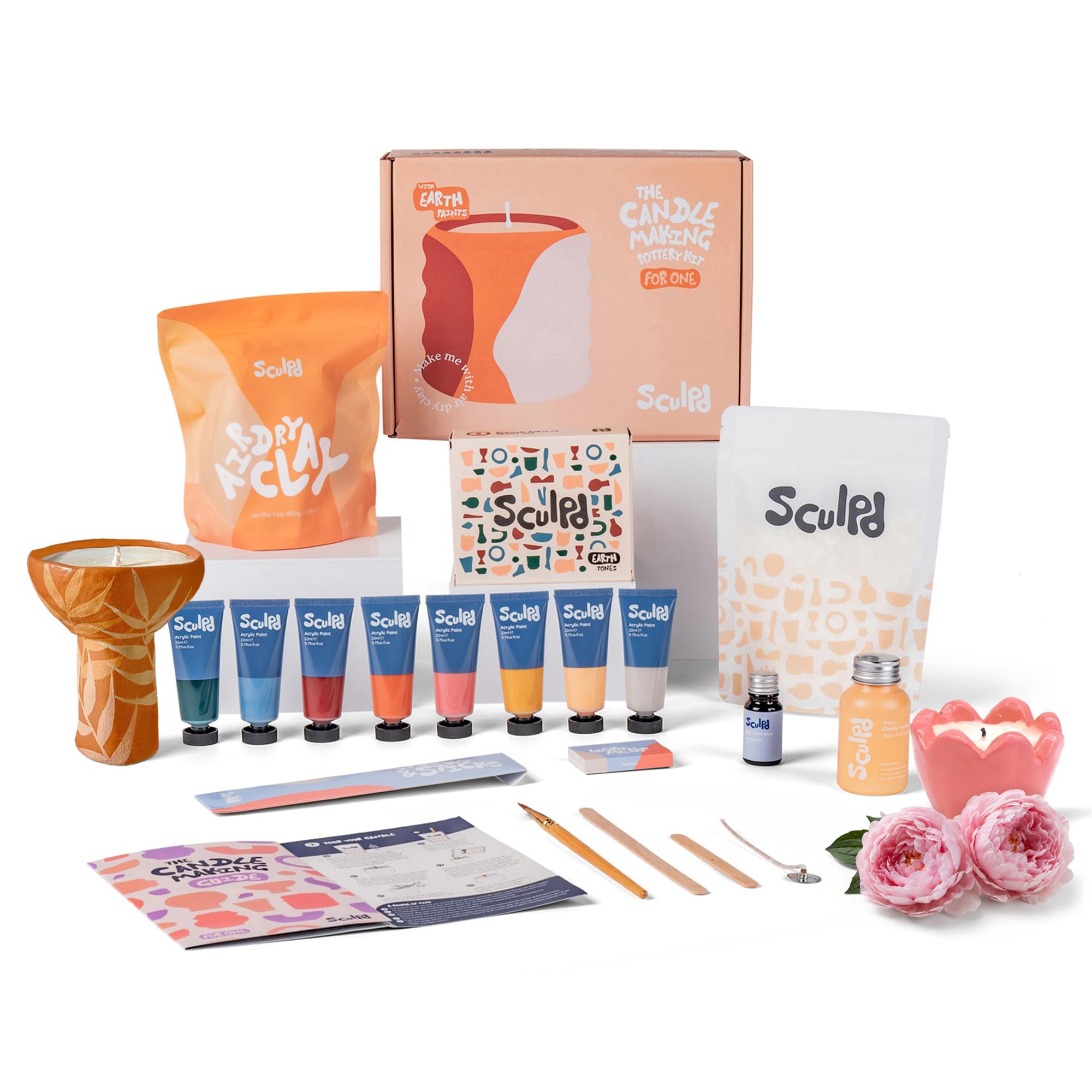 Sculpd Kit completo de fabricación de velas y cerámica: incluye arcilla seca al aire, cera de soja, 4 bolígrafos de pintura, fragancia y herramientas, regalo de manualidades para adultos,