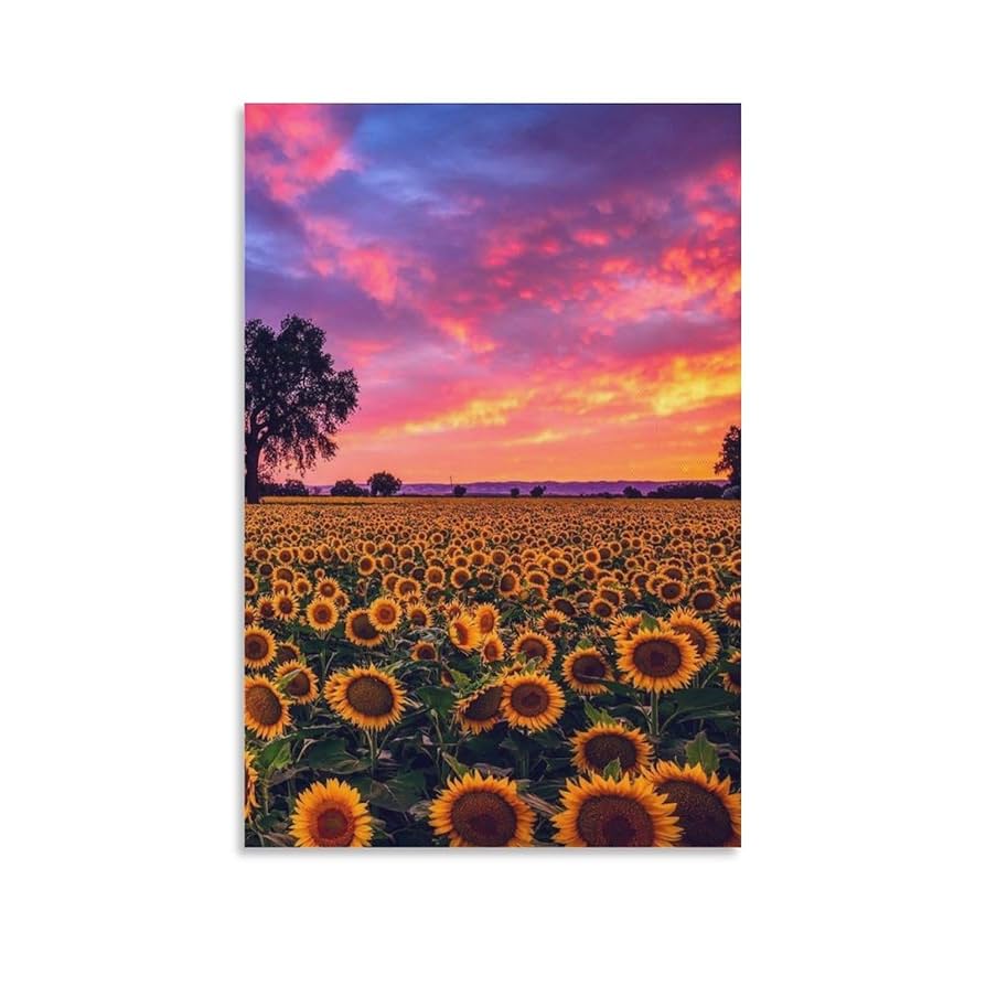 Amazon.co.jp: 絵画 ひまわり畑に沈むオレンジ色の夕日