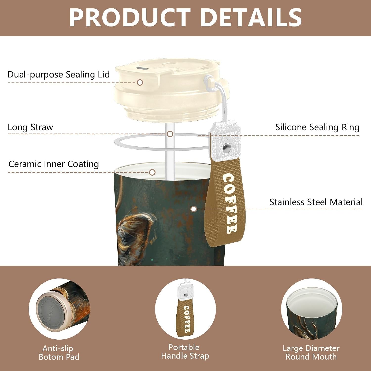 Deer Book Vintage Insulated Coffee Mug with Straw & Flip Lid, 16.9oz Iced Tumbler Cup, Double Wall Vacuum Mug for Travel Office