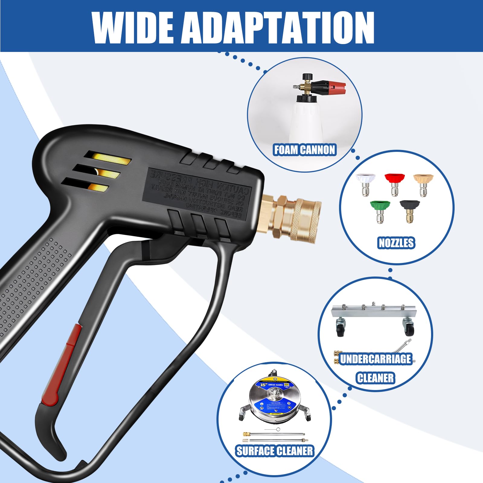 TOOLCY Pistola y varita de lavado a presión con 5 boquillas de pulverización, 4000 PSI, 7 GPM, entrada M22 de 14 mm y adaptador M22 de 15 mm, varita de extensión para lavadora a presión de coche con