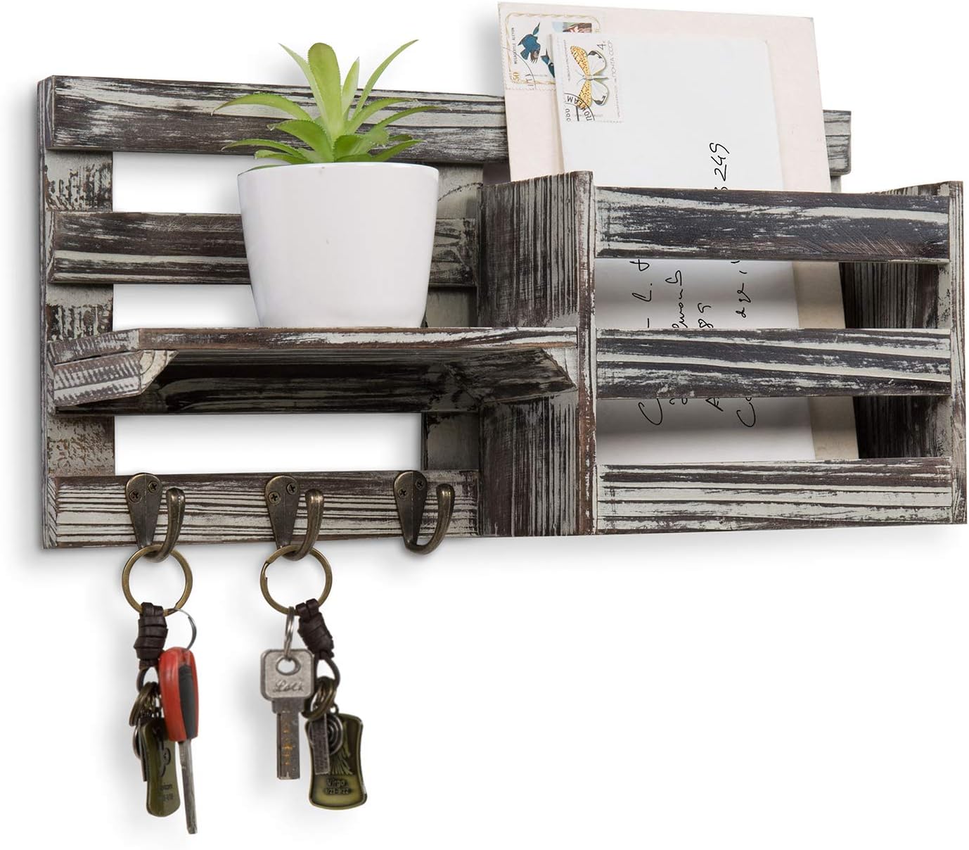 MyGift Wall Mounted Wooden Entryway Mail Holder and Key
