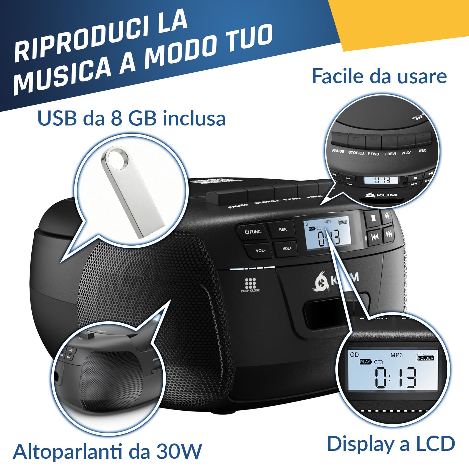 KLIM Lettore CD con USB Lettore Cassette Audio AM/FM Radio Bluetooth Stereo CD Player Telecomando Registrazione su Nastro AUX Radio Stereo per Casa Alimentazione AC/DC