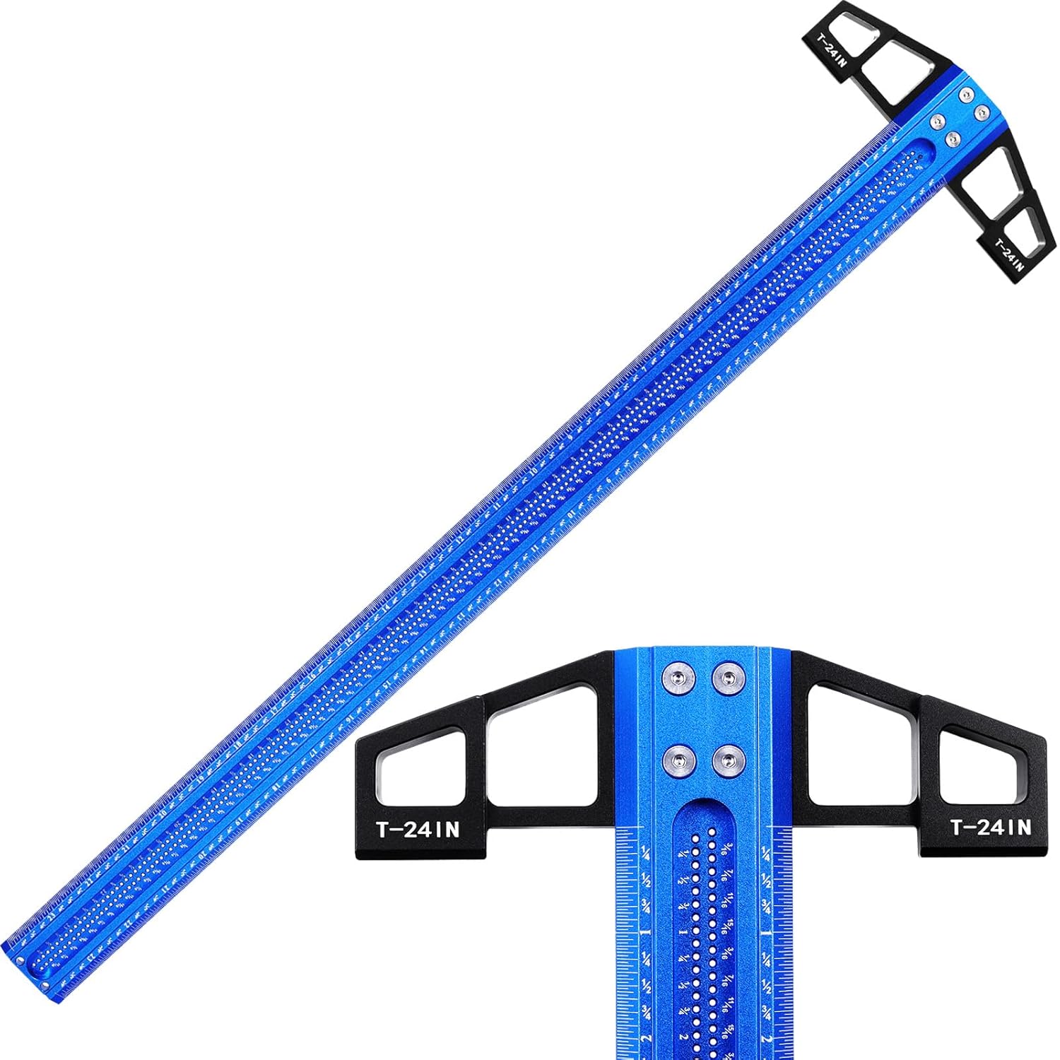 24 inch Aluminum T-Square Ruler，Woodworking Scriber T-Square Ruler，Precision Marking Woodworking T Ruler, 1/16'' Scale Aluminum Alloy Hole Positioning Scribing T-Square