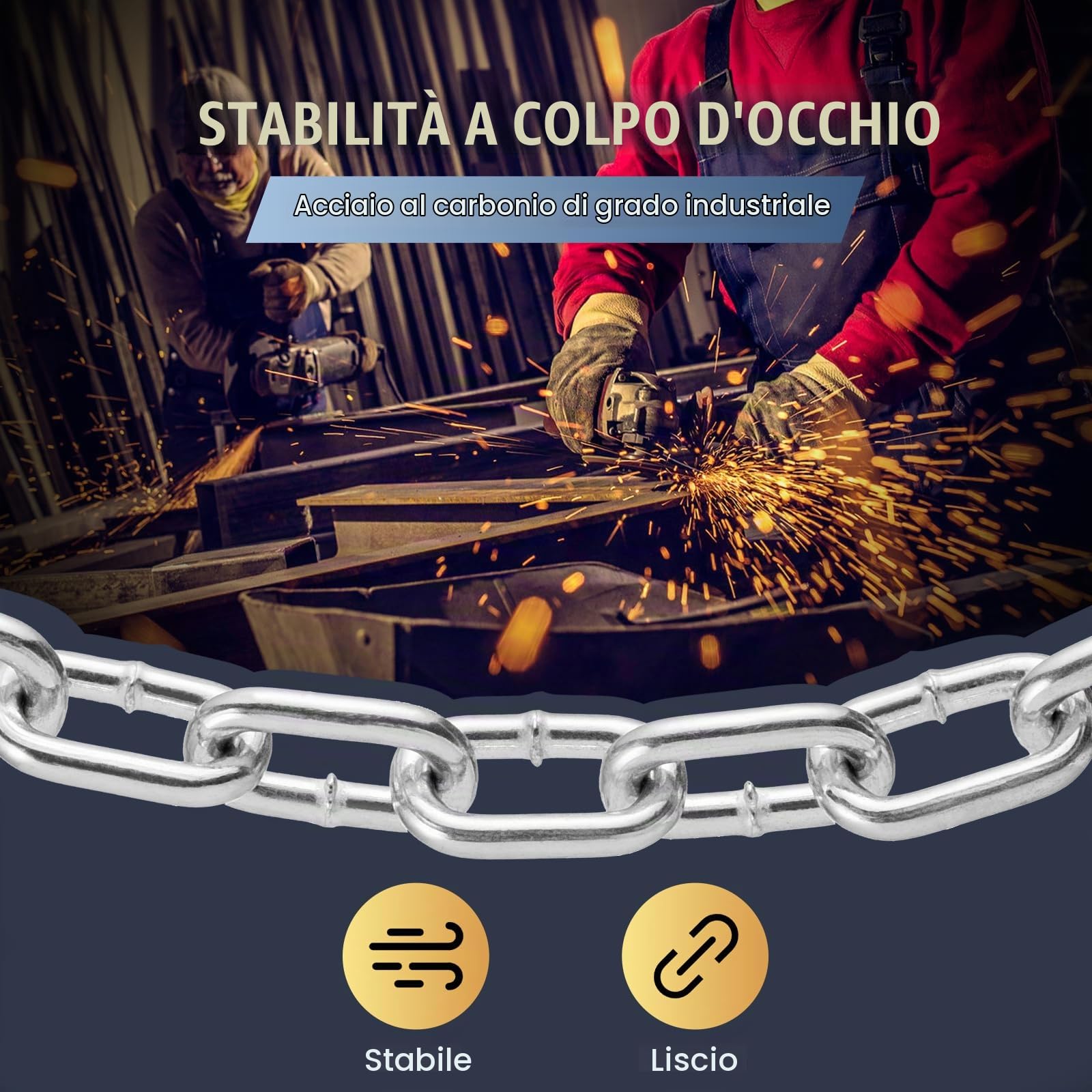 VEVOR Catena a maglie in acciaio al carbonio zincato, 7,3 mm x 28 m, Capacità di carico 756 kg, Due connettori rapidi, Catena per traino, Sospensione, Campeggio, Catena traino di sicurezza da auto