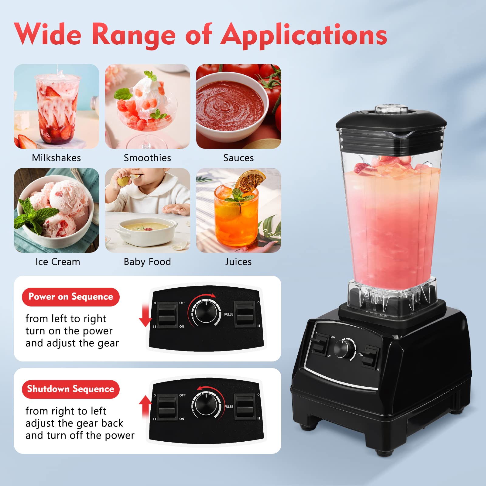 Blender for Smoothies, 2L 2200W Fruit Juicer Smoothie Mixer Maker 3 Speeds Control Heavy Duty Commercial Blender for Ice Crush Shakes (Black)