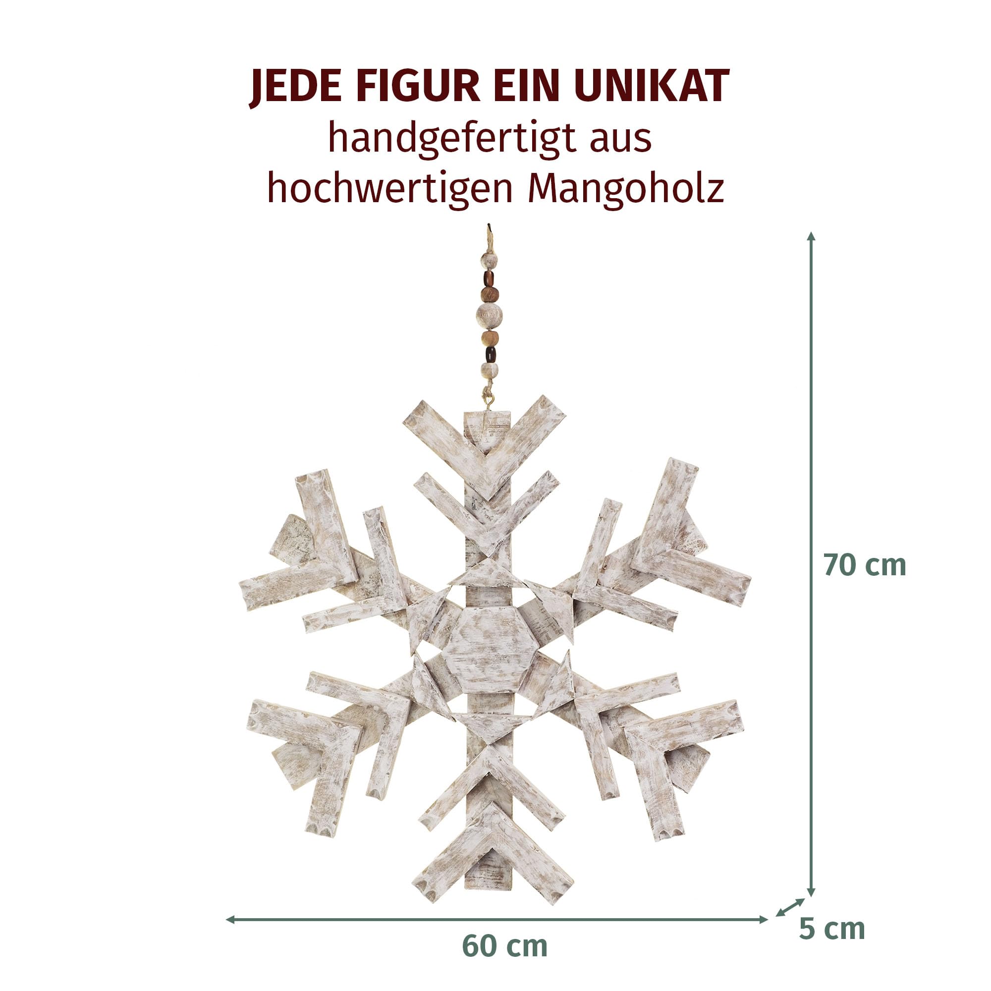 Moritz Décoration de Noël flocon de neige 60 cm à suspendre en bois de manguier Décoration murale ou de fenêtre de style naturel avec suspension en perles de bois Décoration de Noël rustique