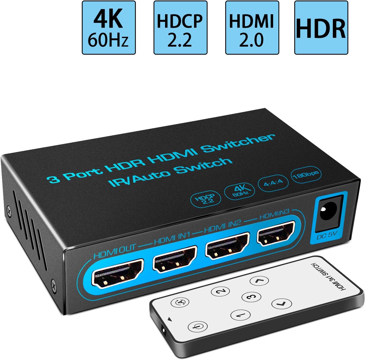 4K@60Hz HDMI Switch FiveHome 3 in 1 Out HDMI Switcher with IR Remote Support Auto Switch HDR HDCP 2.2 Dolby Vision1080P 3D