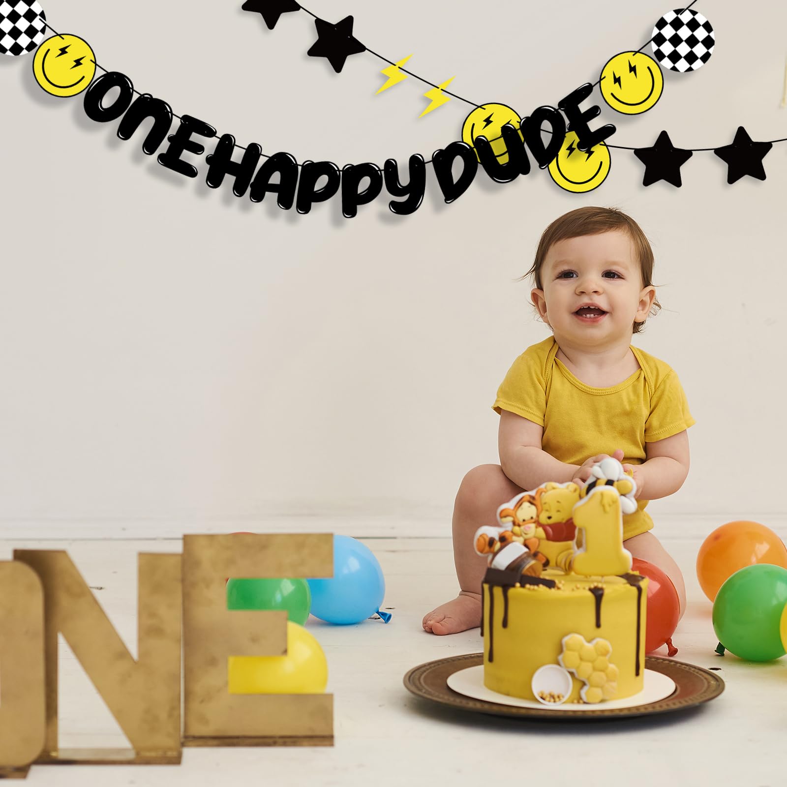 One Happy Dude Geburtstagsbanner – Für Den 1. Geburtstag, Mit Blitz, Smiley & Quasten, 53-teilig
