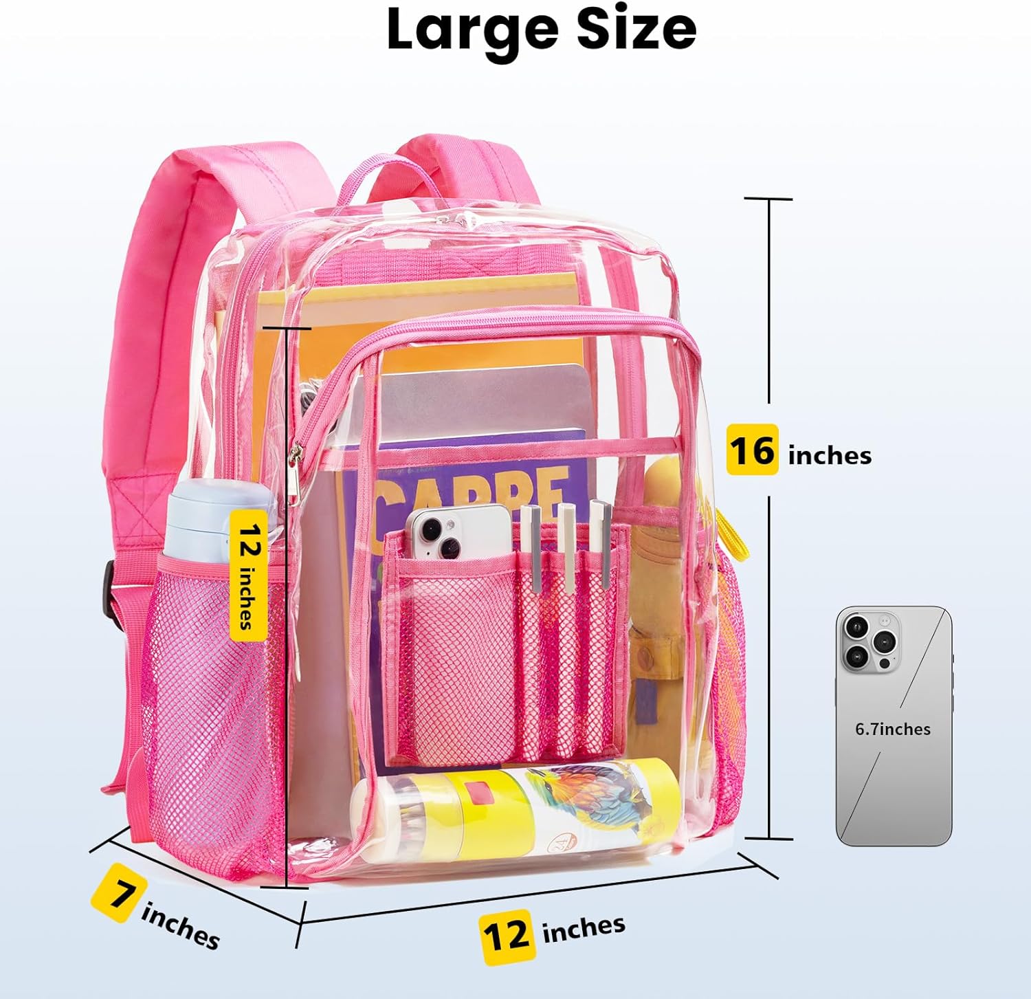 Vorspack Clear Backpack Heavy Duty - Clear Book Bag with Multi-pockets Large See Through Backpack for College Workplace - Pink - Image 2