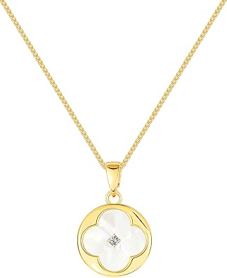 Clover Necklace for Women - 14K Gold Four Leaf Pendant Cubic Zircon & Mother of Pearl White Black Onyx, Hypoallergenic & Non Tarnish, Box Chain Necklace, Lucky Jewelry Love Gifts for Her