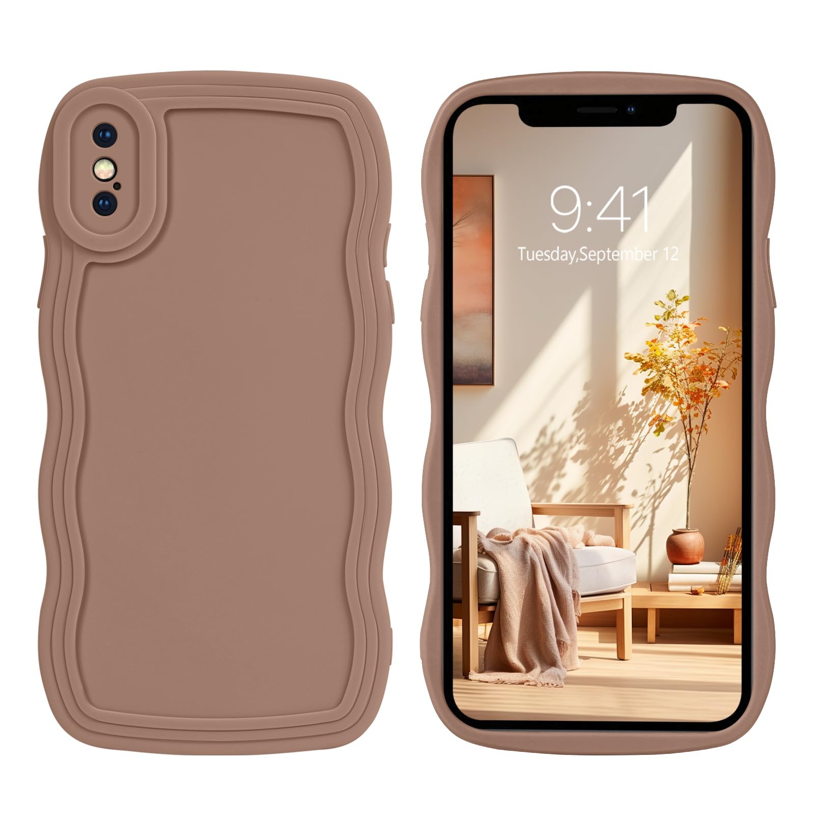DOMAVERCase for iPhone X, iPhone XS Case with Cute Curly Wave 5.8 inch, Soft TPU Silicone Slim Fit Shockproof Phone Case for Girls Women Men, Full Body Protective iPhone X/XS Cover, Khaki