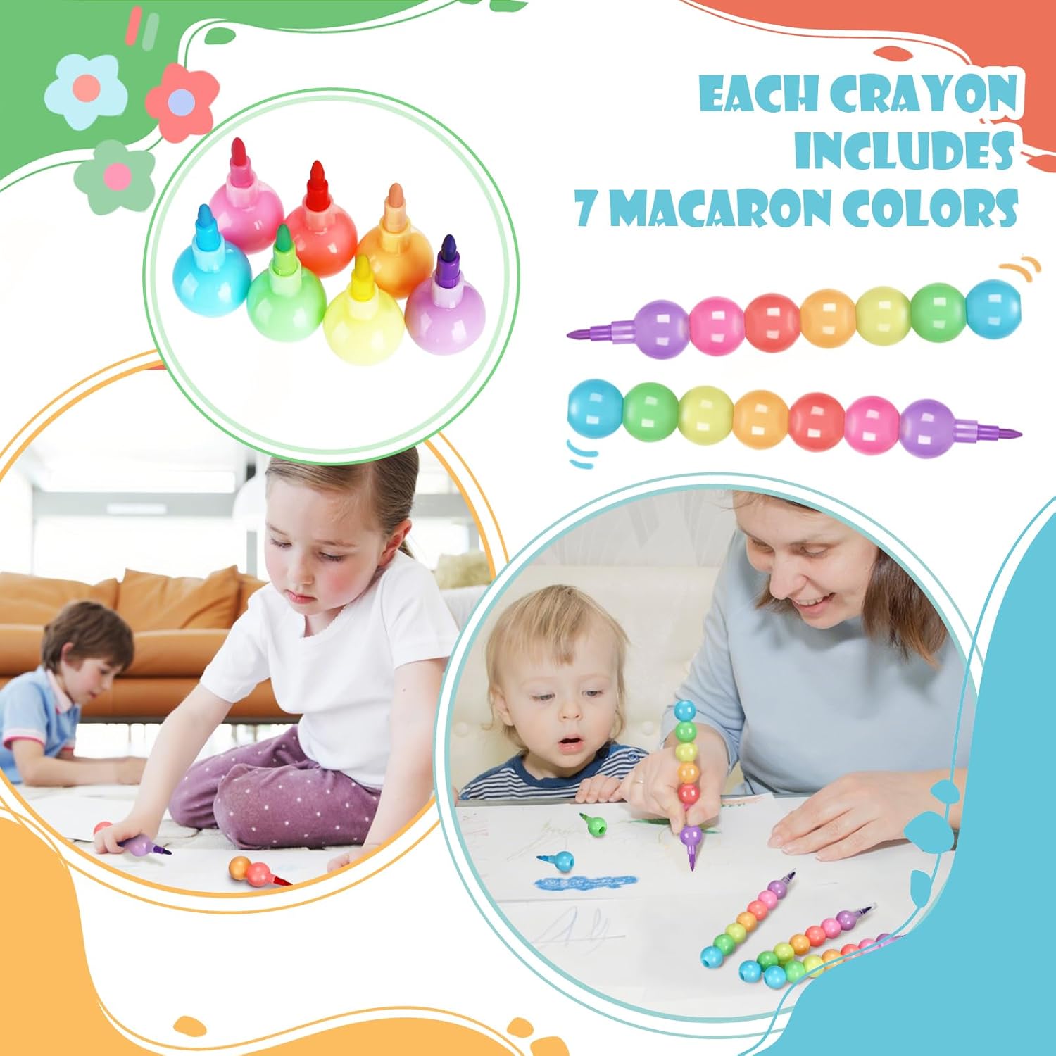 24 Pcs Round Stacking Crayons for Kids Set of 24, Each Has 7 Colors Rainbow Stacking Crayons Rainbow Party Favor Funny DIY Painting Pencils for School Office Birthday Party Gift Teacher Supply