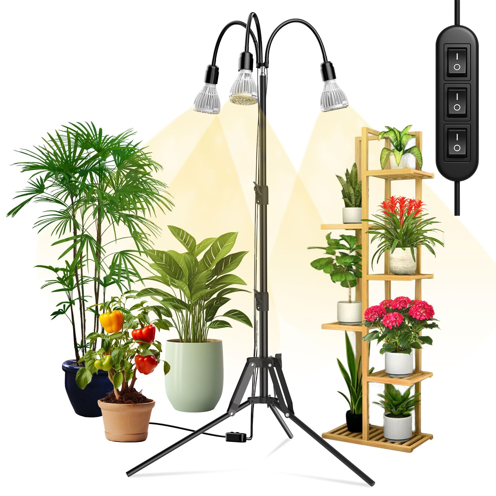 SANSI 90W LED Pflanzenlampe mit verstellbarem Stativständer, 700W Äquivalent Vollspektrum Grow Lampe für Zimmerpflanzen, 360° Schwanenhals mit 3 Ersatzbaren E27 30W Pflanzenlicht für Pflanzenwachstum