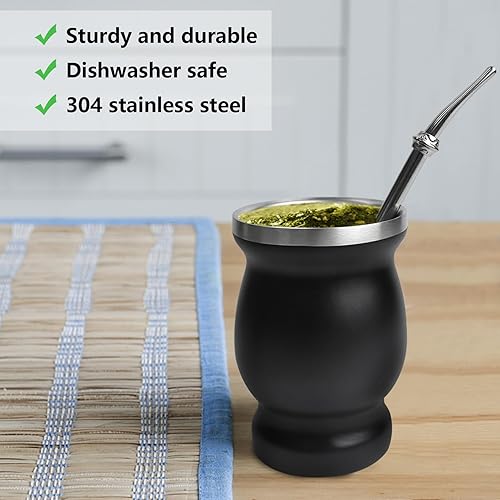 Miniatura 4 de Artcome Juego de 4 tazas de yerba mate de acero inoxidable  1 taza mate de acero inoxidable de doble pared de 8.5 onzas (negro), 2 bombillas (paja
