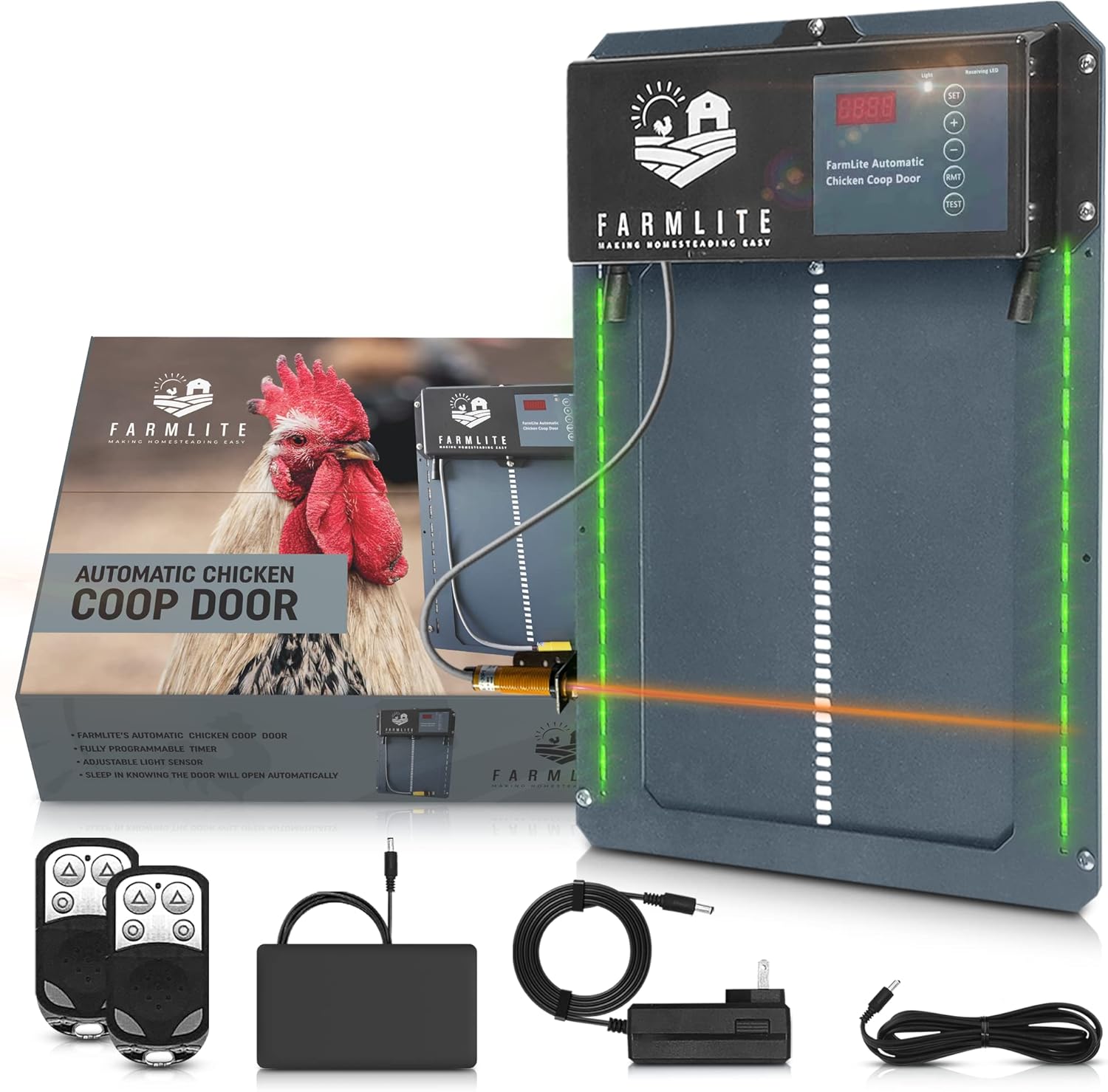 FarmLite Automatic Chicken Coop Door Opener | Non-Battery Powered Automatic Chicken Door | Automatic Coop Door with Timer and Light Sensor | USA Brand