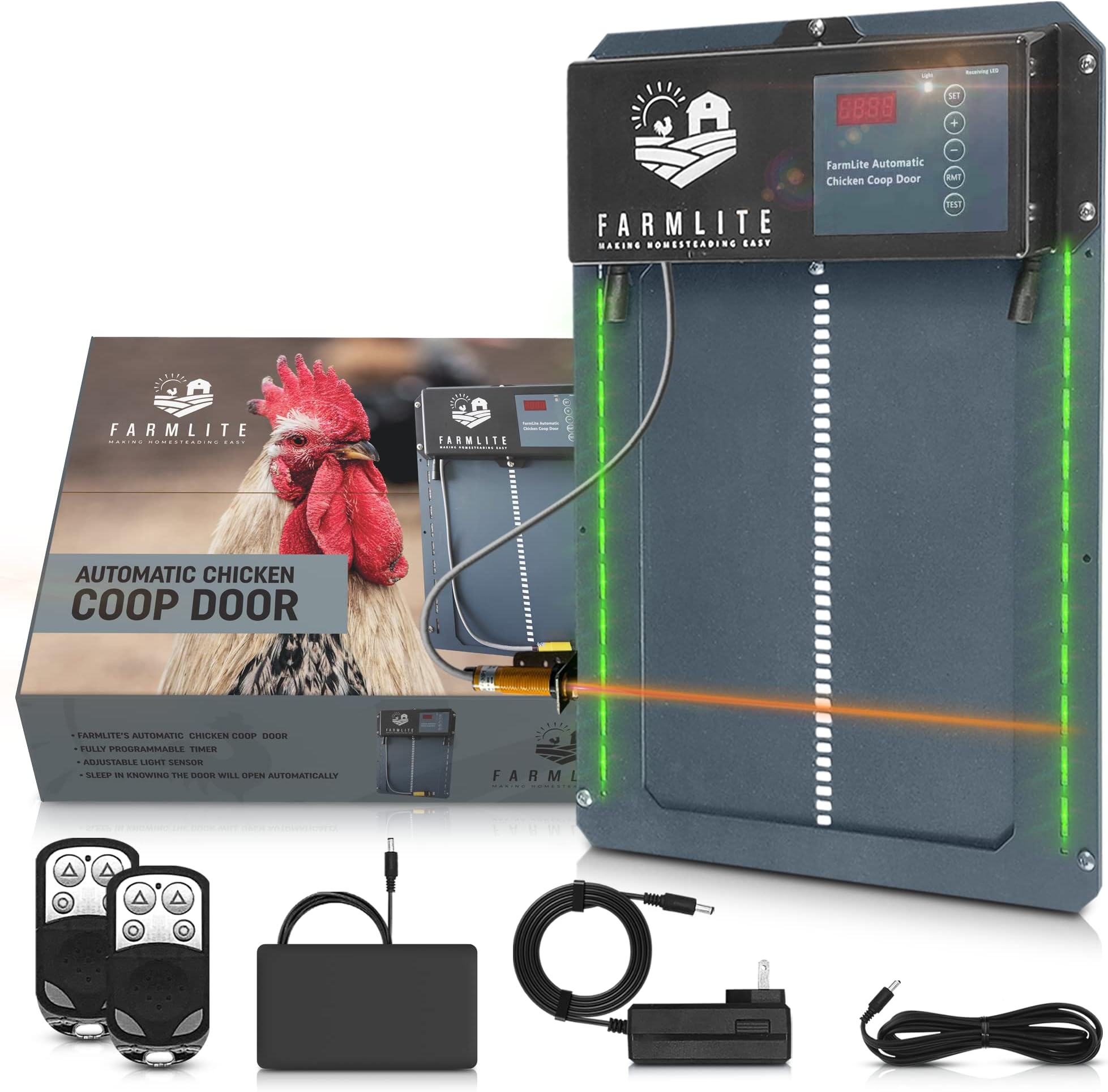 FarmLite Automatic Chicken Coop Door Opener | Non-Battery Powered Automatic Chicken Door | Automatic Coop Door with Timer and Light Sensor | USA Brand