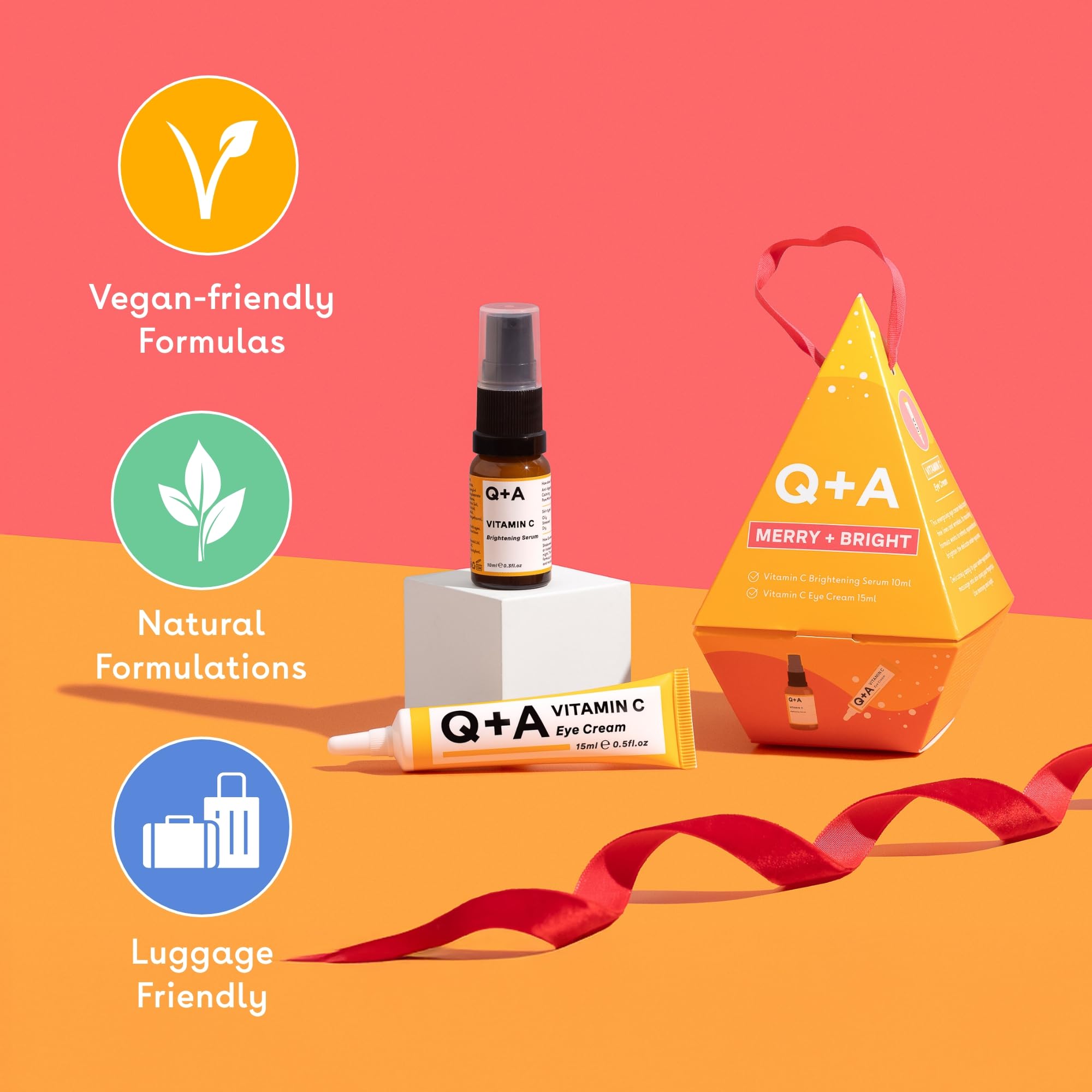 Q+A Merry + Bright zestaw upominkowy, witamina C Skincare Duo, serum rozjaśniające (10 ml) i krem pod oczy (15 ml), wzmacniający blask prezent dla nawilżonej, świecącej skóry, wypełniacze pończoch