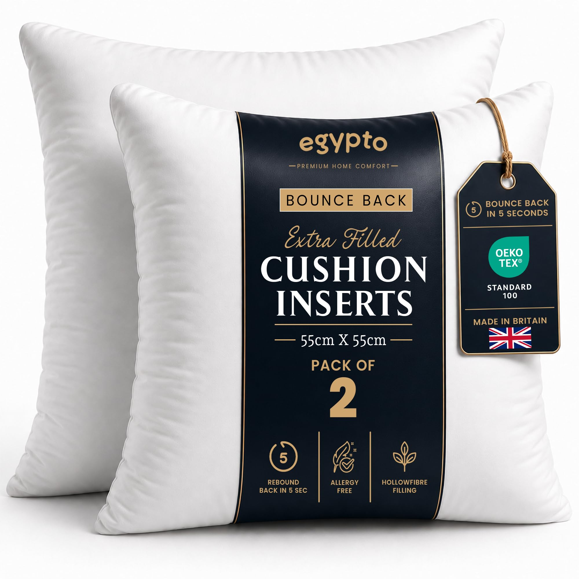Egypto White Pack Of 2 Cushion Inserts 55Cm X 55Cm | Plump Bounce Back 22X22 Inch Cushion Pads | Hypoallergenic Sofa & Throw Pillows Inner | Made In Uk