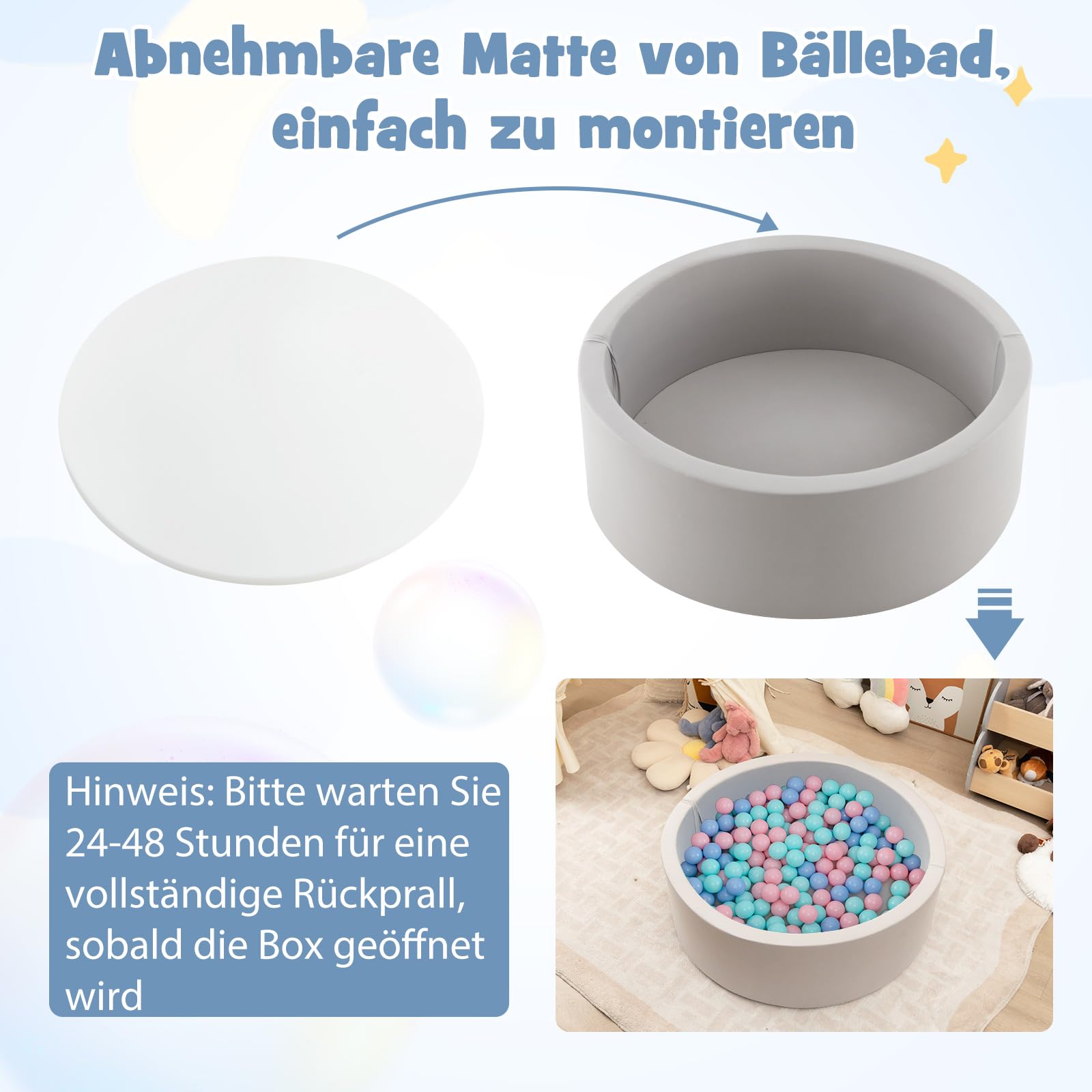 COSTWAY Basen z piłkami z 200 piłkami, basen z piłkami 90 x 30 cm, w zestawie zdejmowana mata podłogowa i poszewka nadająca się do prania w pralce, okrągłe doły z piłkami, grubość 5 cm, szary