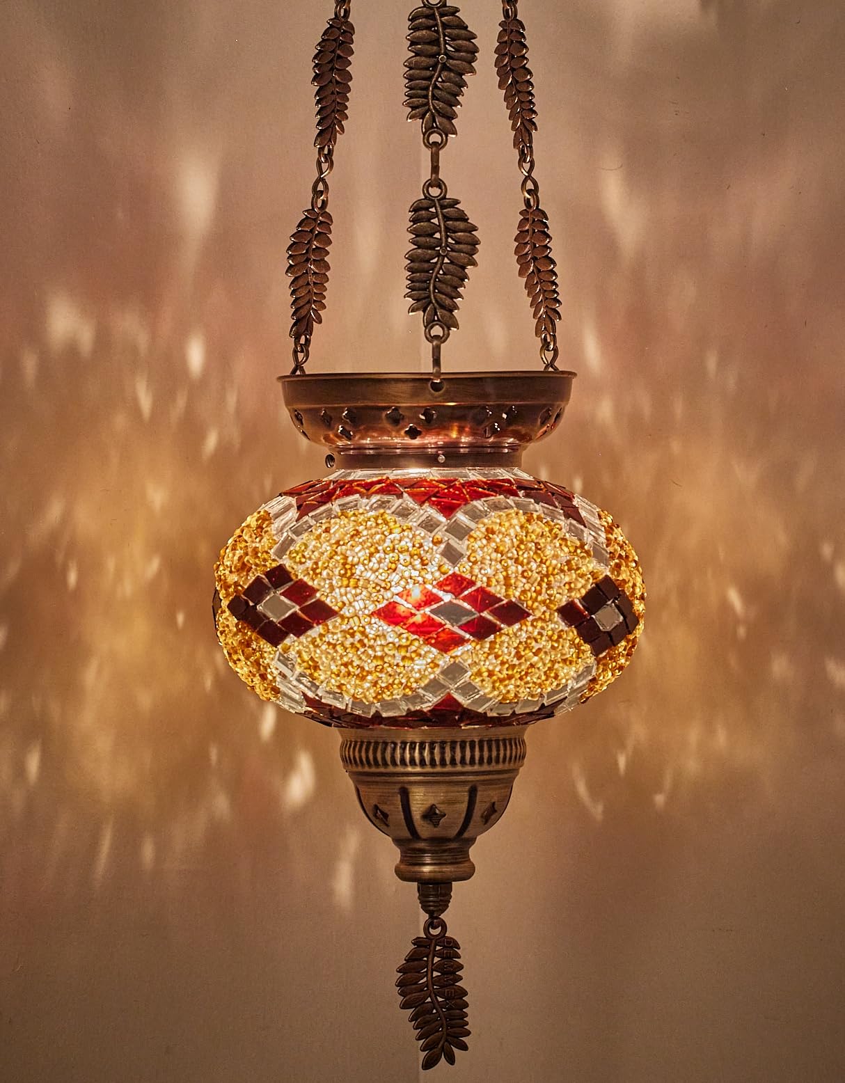 DEMMEX Turkish Moroccan Colorful Mosaic Bohemian Boho Hanging Candle Holder Lantern with Handmade Colorful Glass Globe and Metal Leaf Chains, 24" (Brown Therapy)