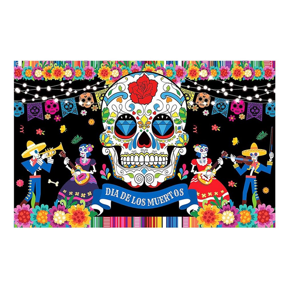 Day of The Dead Banner,Extra Large Happy Halloween Backdrop Banner,Flag for Mexican Dia DE Los Muertos Photography Background Fiesta Sugar Skull Flower Party Banner Supplies Photo Booth