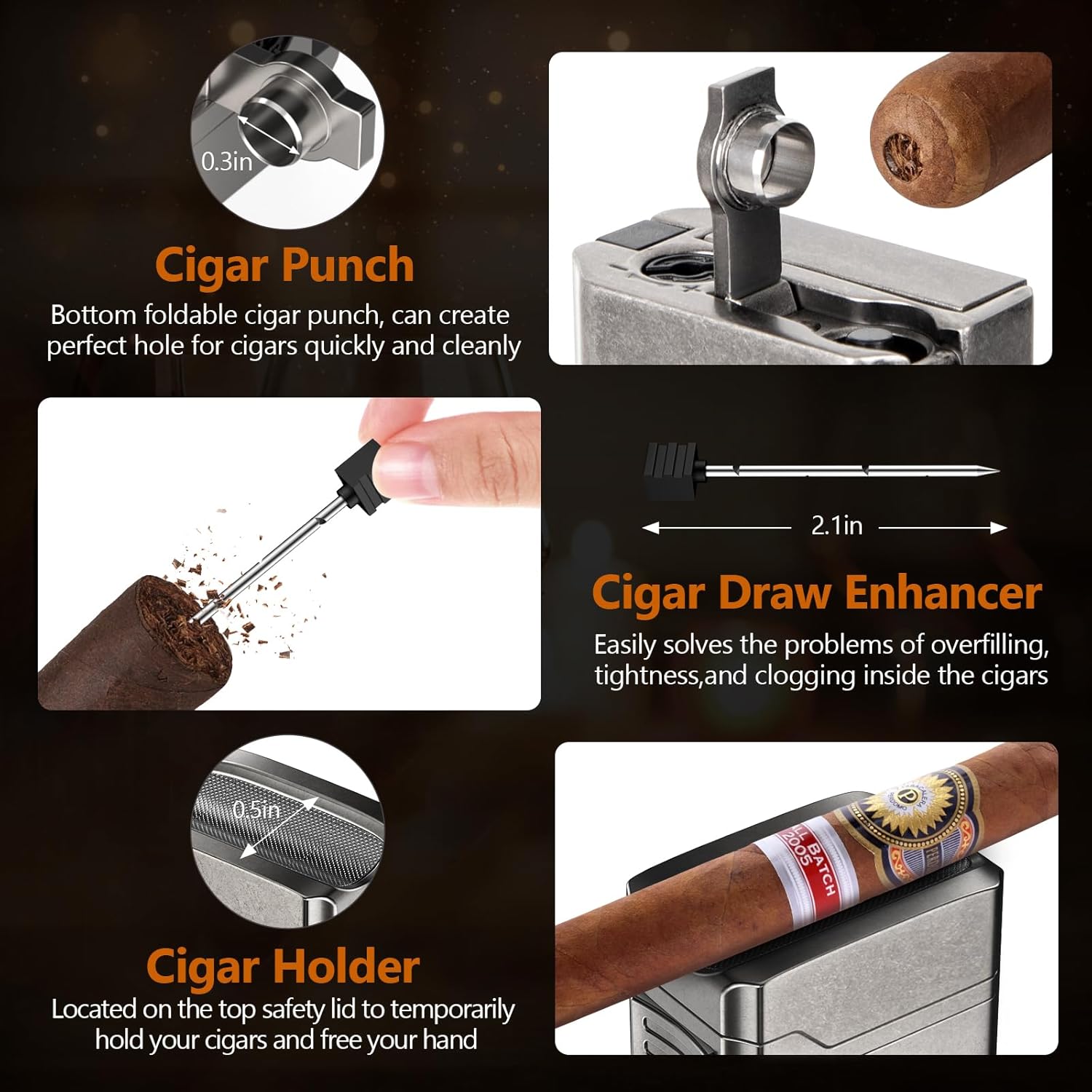 Scotte Cigar Lighter, Torch Lighter 4 Jet Flame, Refillable Butane Lighter with Cigar Cutter V Cut Cigar Punch Cigar Holder Cigar Draw Enhancer, Great Cigar Accessories Cool Lighters with Gift Box