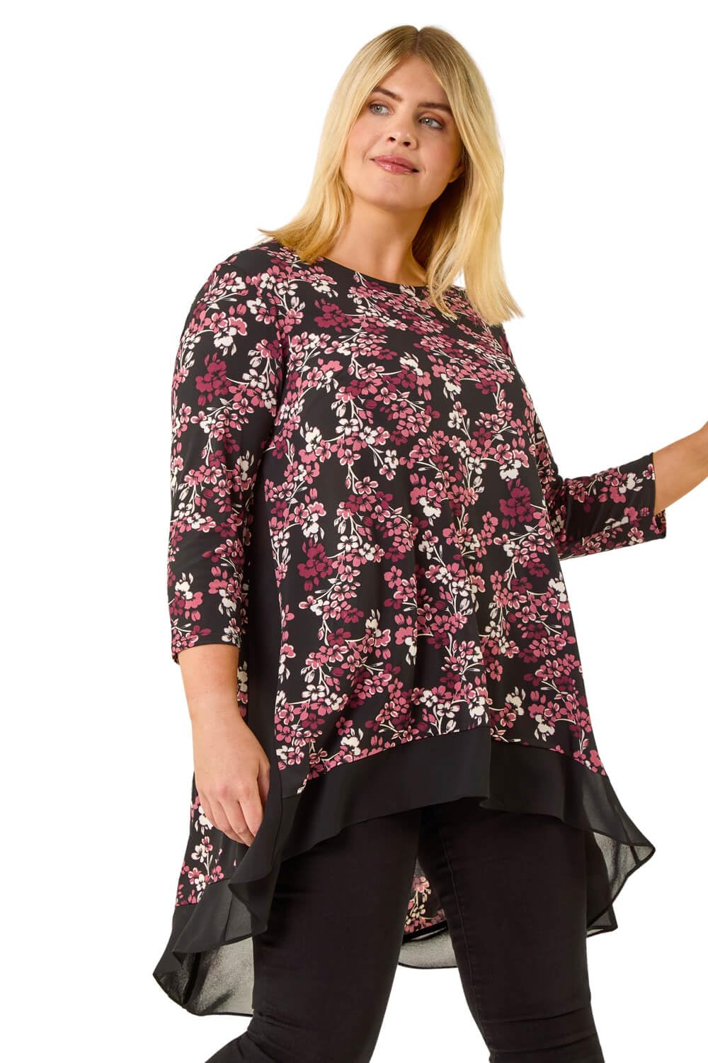 Roman Chiffon Dipped Hem Top Asymmetric Tunic for Women UK Ladies Stretchy Jersey Flared Blouse Smart Fit & Flare Form Casual Loose Longline Party Hanky Tunics - Pink Noir Plus - Size 22
