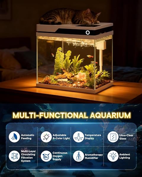 Vehipa 16L Acuario de Cristal, Pecera pequeña Completas de con Comedero Automático, Humidificador, Bomba Silenciosa 4 en 1, Indicador de Temperatura e luz 8 Colores Ajustables - 5