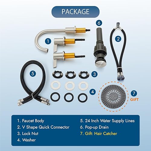 Miniatura 9 de Grifos de baño para fregadero de 3 agujeros de 8 pulgadas, grifo de baño generalizado de níquel cepillado, grifo de tocador de lavabo montado en la