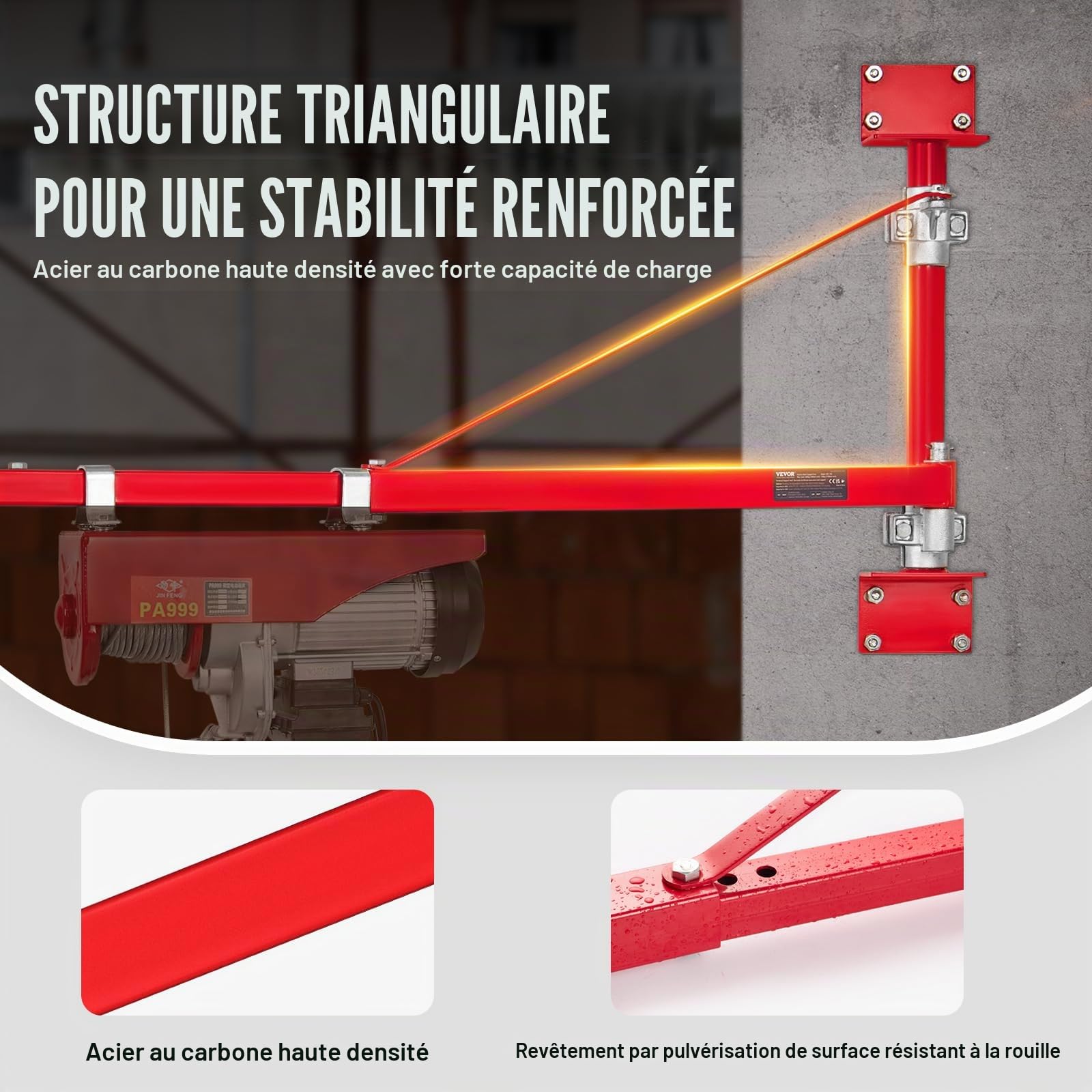 VEVOR Bras de support de palan électrique, capacité de charge 600 kg, bras pivotant de support palan avec poteau, cadre de palan acier, bras de levage de palan d'échafaudage 180° pour atelier, garage