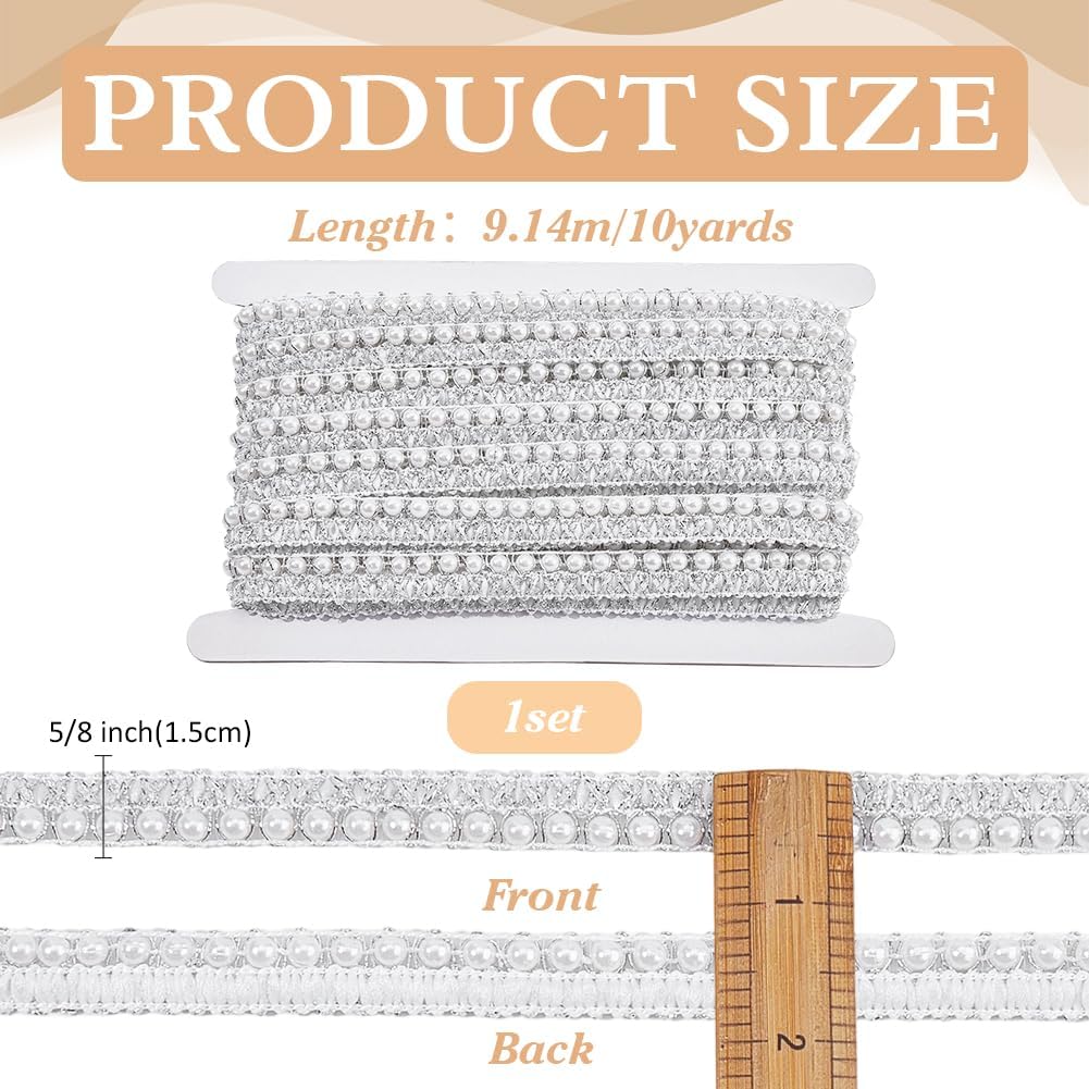 FINGERINSPIRE 10Yards Pearl Lace Trim 5/8Inch Width Silver White Beaded Trims Ribbon Polyester Lace Trim with White Plastic Beads for Wedding Dresses DIY Craft Projects Elegant Decorative Edging