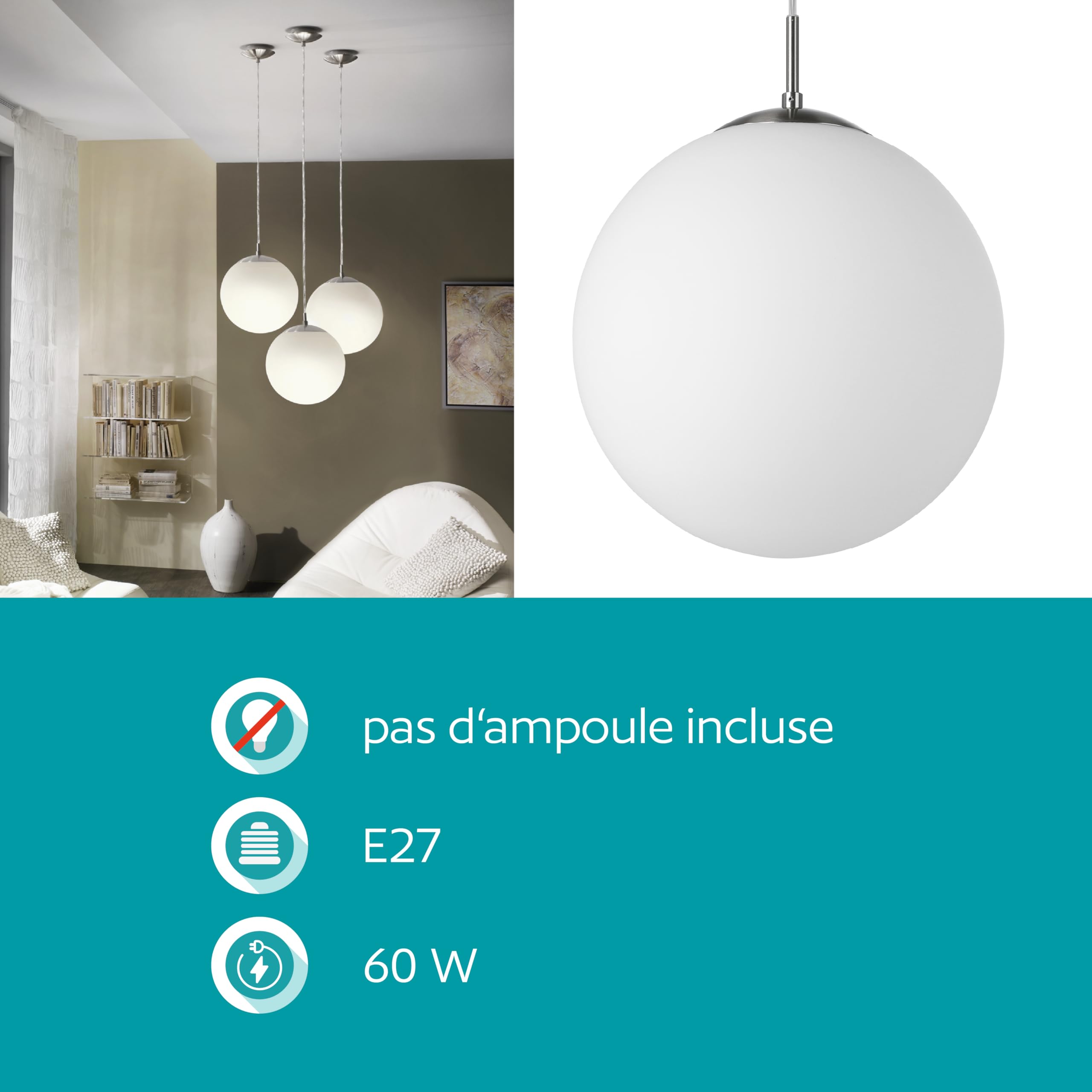 Eglo Lustre RONDO 1, suspension à flamme, lampe pendante en acier, couleur : nickel mat, verre : opale blanc mat, douille : E27, Ø : 30 cm