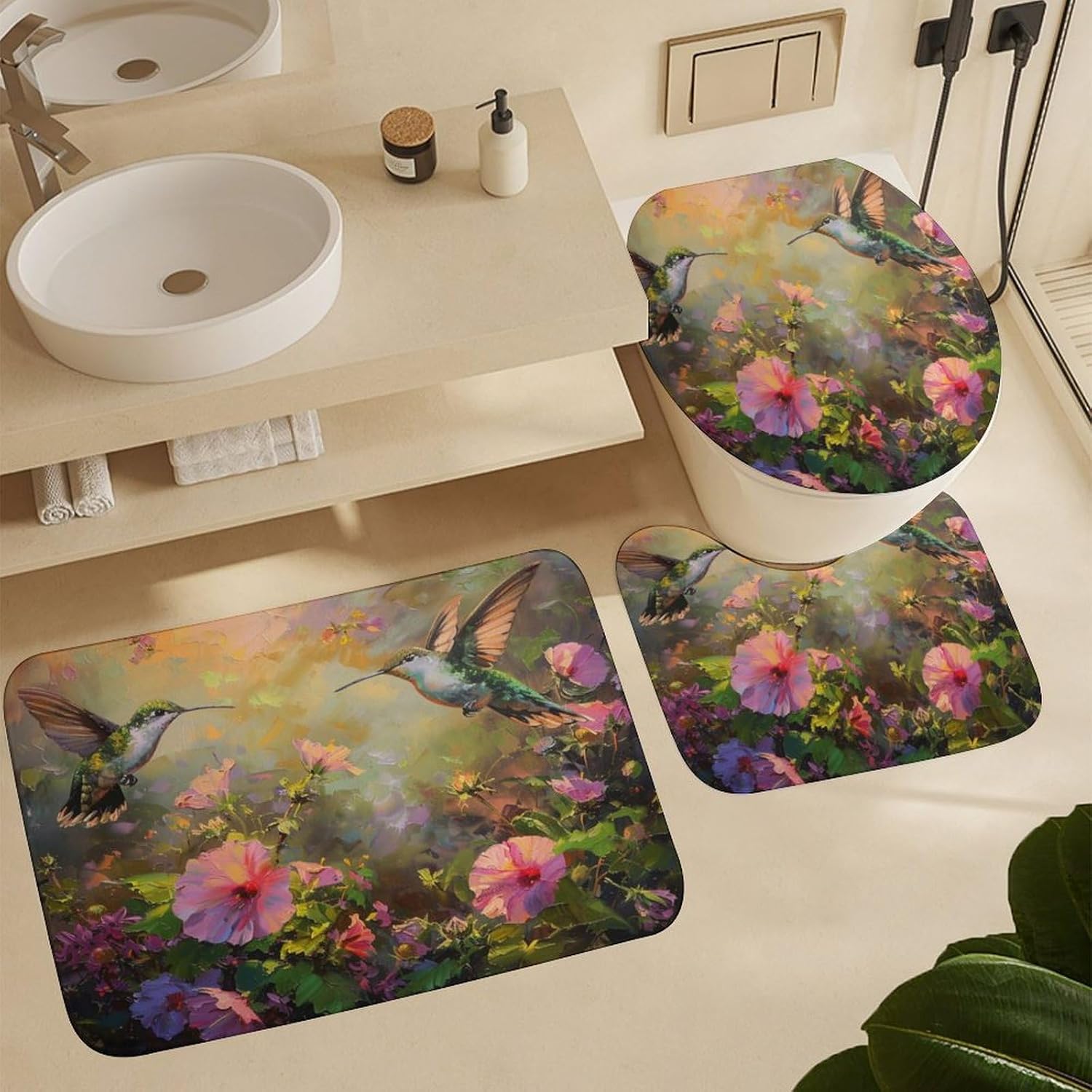 4Pcs Watercolor Bird Shower Curtain Sets, Bath Mat and Rugs, Hummingbird Flower Spring Shower Curtain with Hooks for Bathroom