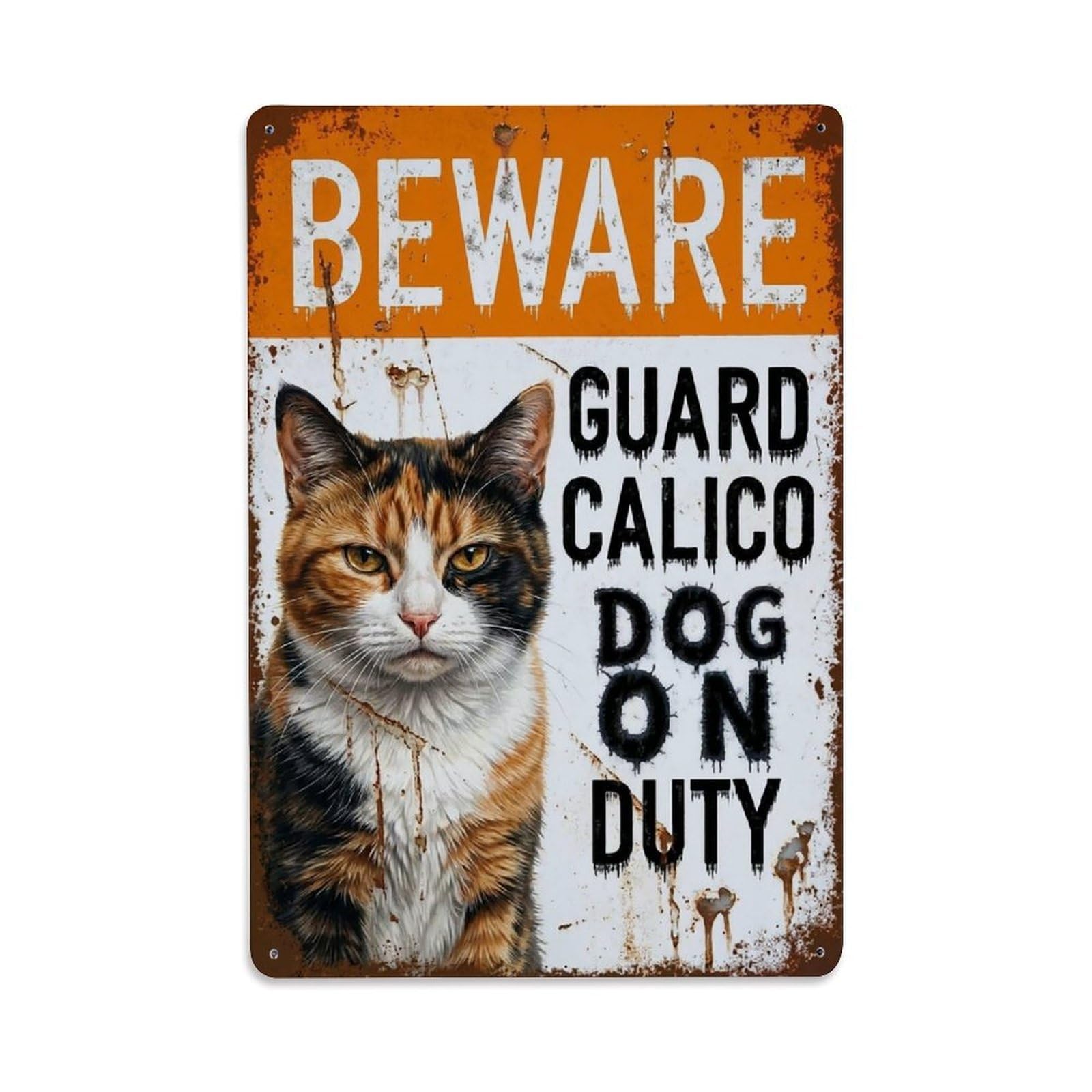 Vintage Funny Calico Guard Beware of Cat Landing Metal Tin Sign Plaque Wall Decor for Cafe, Club Bar, Office, Garden Metal Poster 8x12Inch