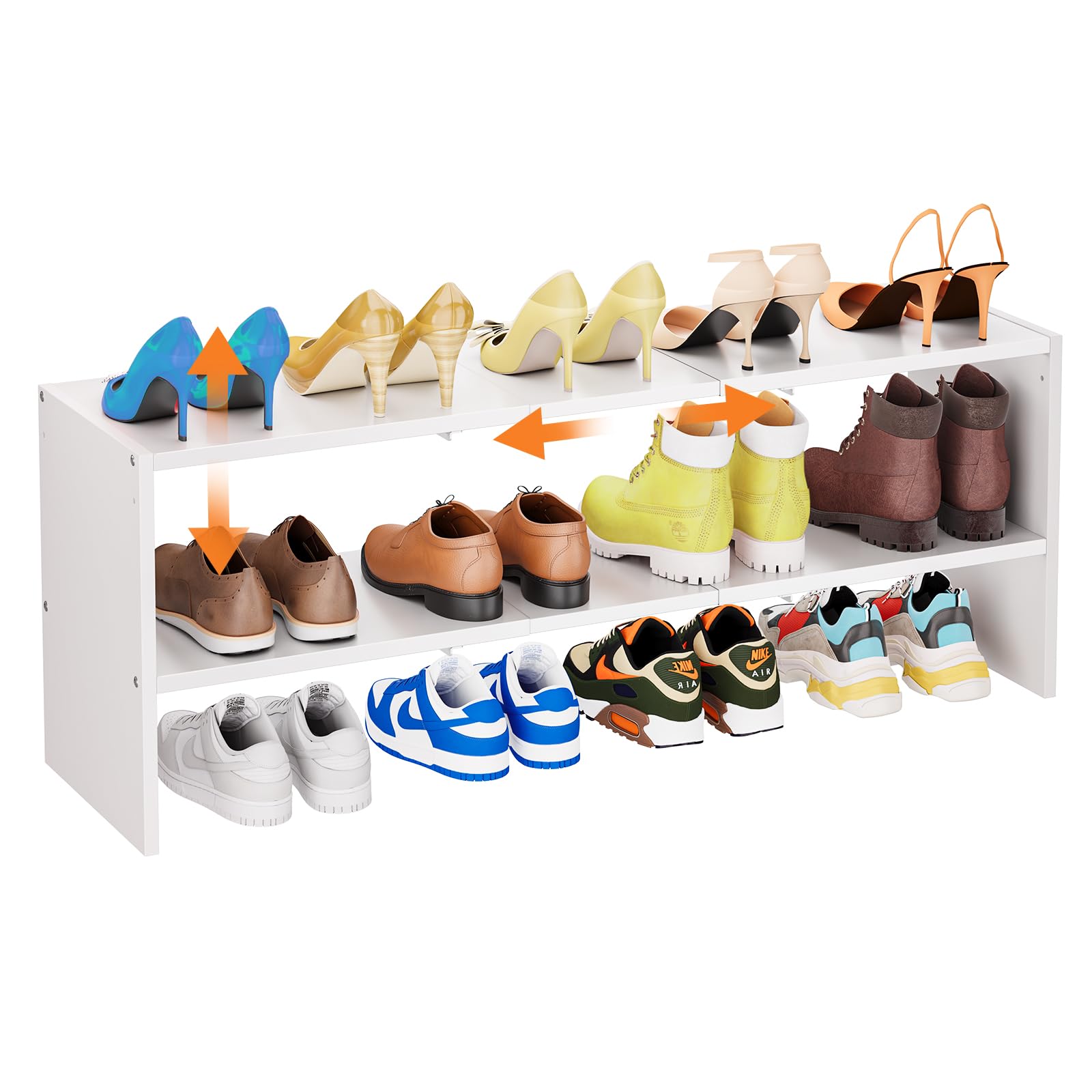 X-cosrack White Stackable Shoe Rack for Closet, Expandable 31.6-39.4 Inches 2-Tier Wooden &amp; Metal Shoe Storage Shelf, Free Standing Shoe Rack for Entryway Bedroom Small Space