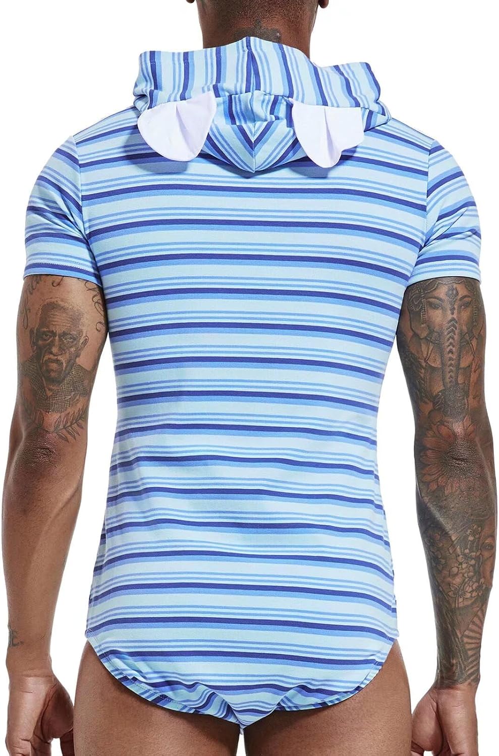 Landofgenie Mens Stripe Onesie Short Sleeve Hooded Romper Pajama One Piece Bodysuit